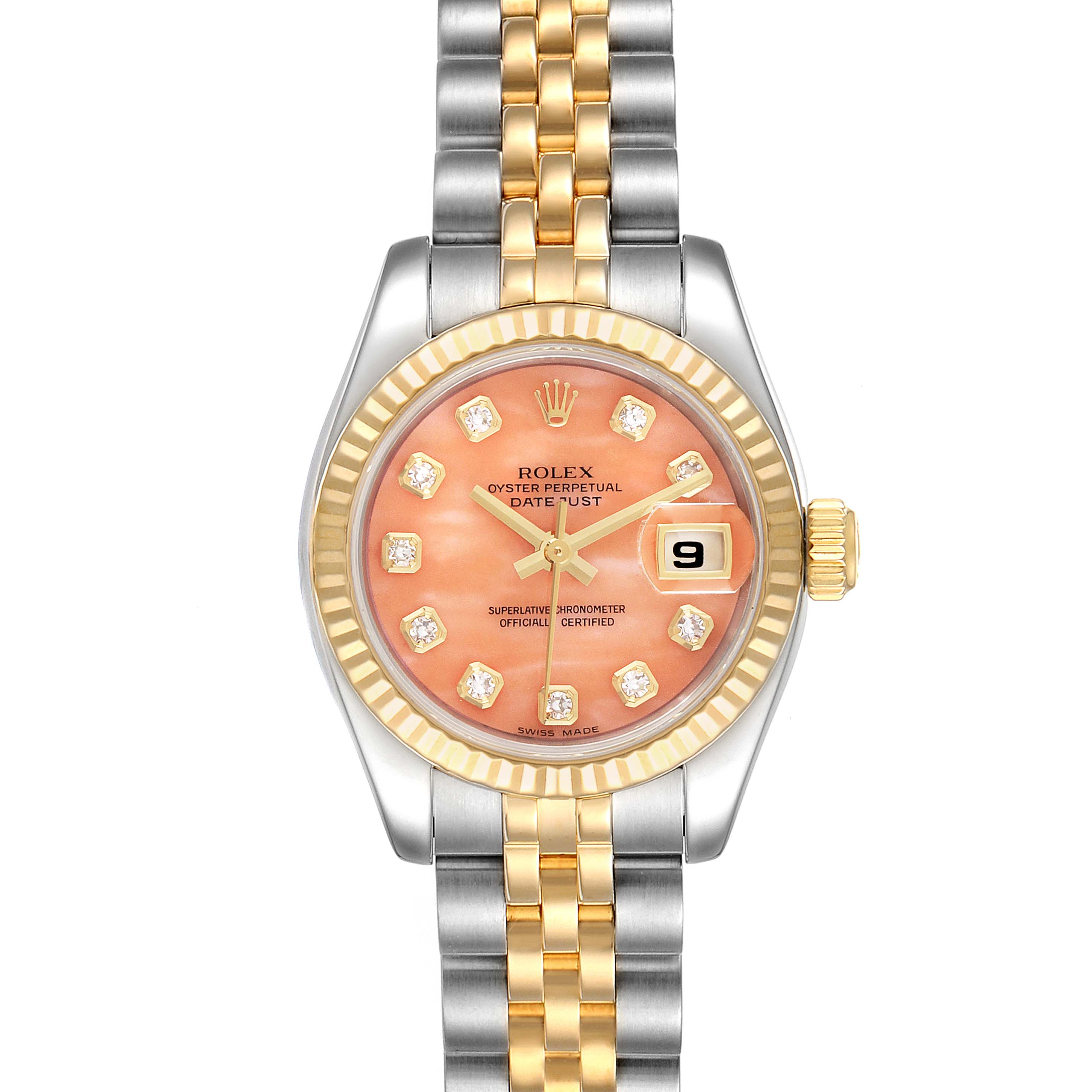 This image shows a front view of a Rolex Datejust 179173 Women's Steel and Gold (two tone) Pink Dial 179173 Women's Steel and Gold (two tone) Pink Dial watch, highlighting its bicolored bracelet, fluted bezel, and date display.