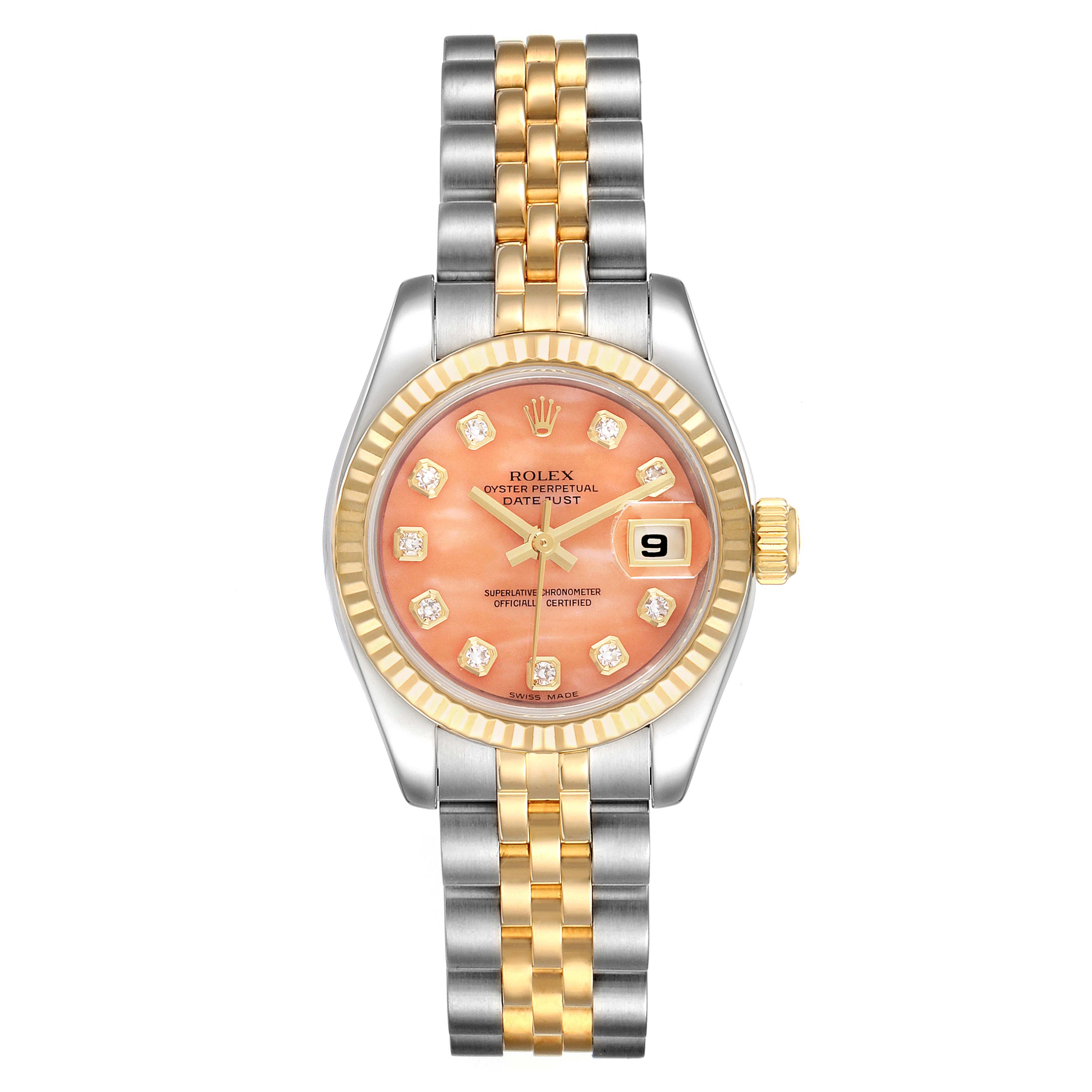 This is a front view of a Rolex Datejust 179173 Women's Steel and Gold (two tone) Pink Dial 179173 Women's Steel and Gold (two tone) Pink Dial watch, showing the dial, bezel, crown, and two-tone bracelet.