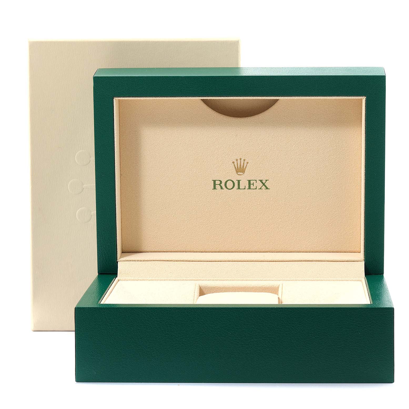 The image shows an empty green and beige Rolex Datejust 179173 Women's Steel and Gold (two tone) Pink Dial 179173 Women's Steel and Gold (two tone) Pink Dial watch box from a front angle.