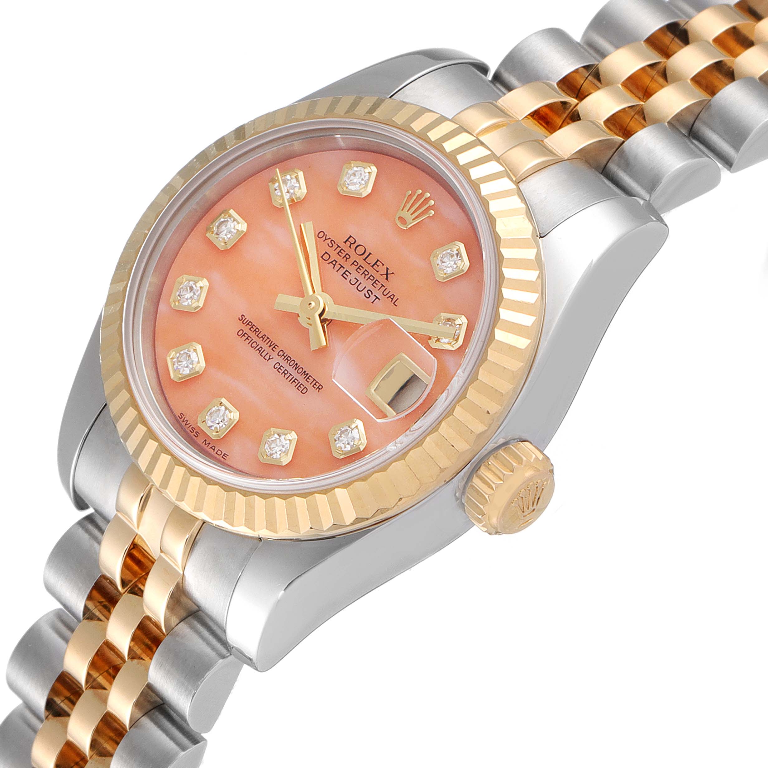 The Rolex Datejust 179173 Women's Steel and Gold (two tone) Pink Dial 179173 Women's Steel and Gold (two tone) Pink Dial watch is shown at an angled close-up, highlighting its dial, bezel, crown, and bracelet.