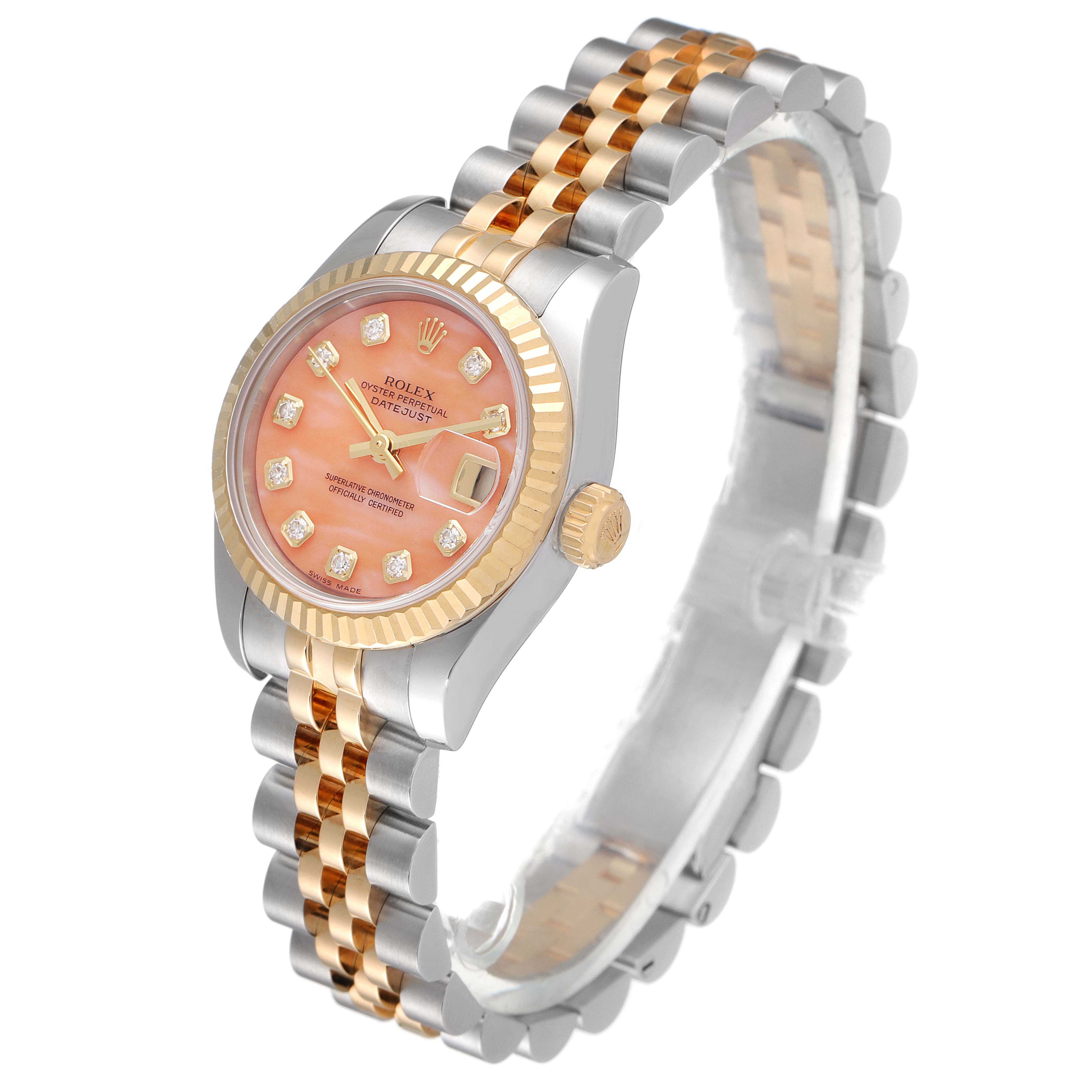 This image shows a Rolex Datejust 179173 Women's Steel and Gold (two tone) Pink Dial 179173 Women's Steel and Gold (two tone) Pink Dial watch at a three-quarter angle, highlighting its pink dial, fluted bezel, and two-tone bracelet.