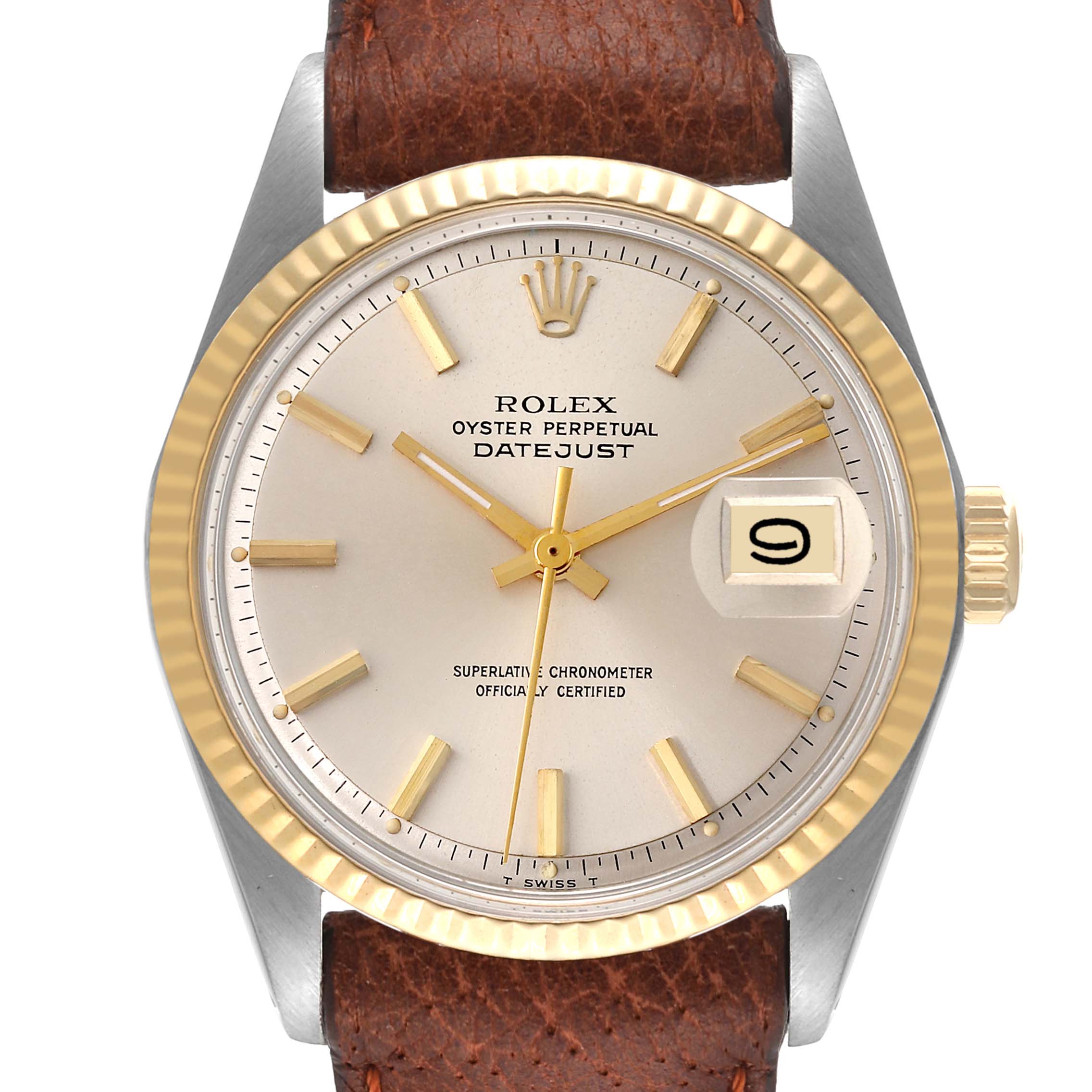 The image shows a frontal view of the Rolex Vintage Collection 1601 Men's Steel and Gold (two tone) Silver Dial 1601 Men's Steel and Gold (two tone) Silver Dial Datejust watch, featuring a leather strap, gold fluted bezel, and date window.