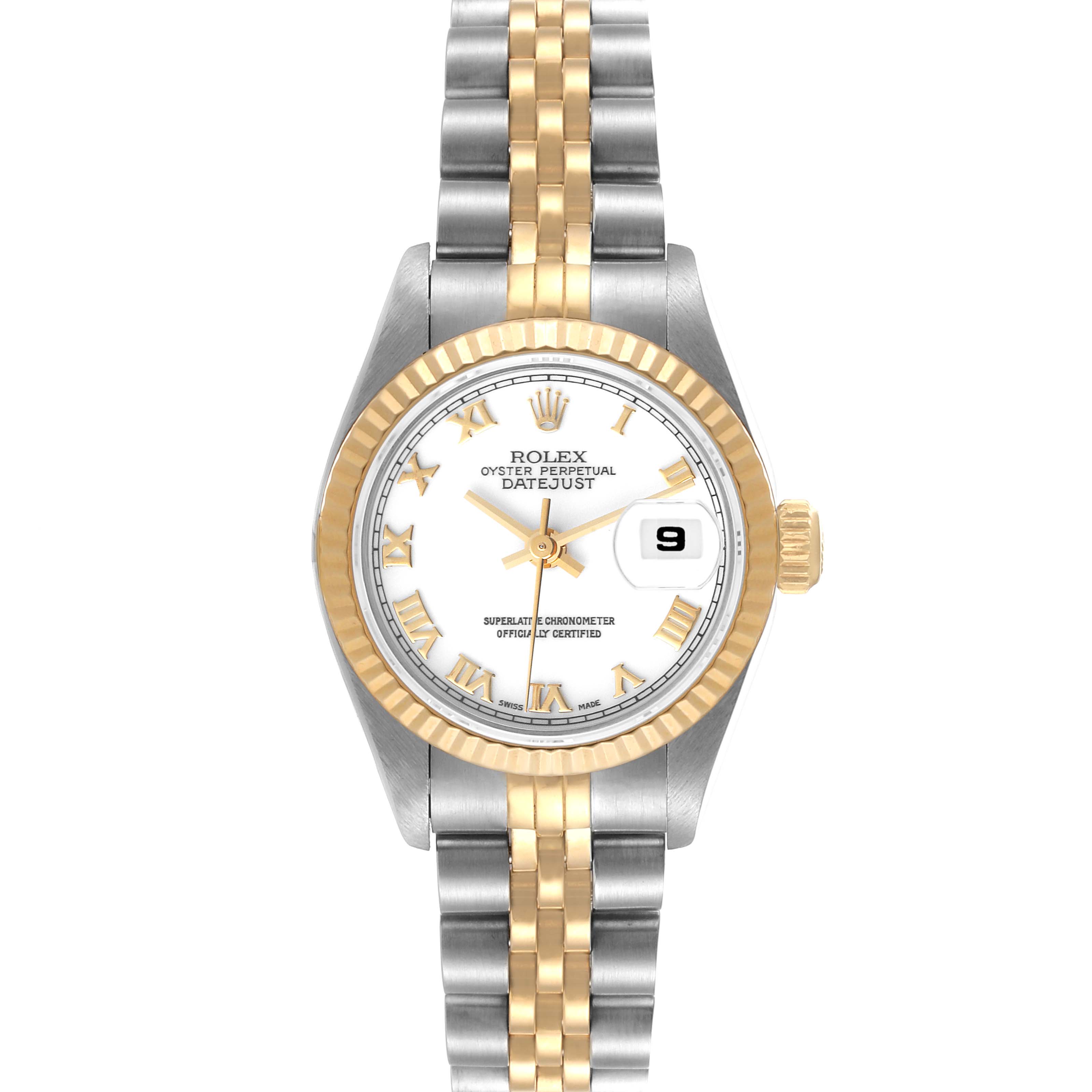 This image shows a front view of a Rolex Datejust 69173 Women's Steel and Gold (two tone) White Dial 69173 Women's Steel and Gold (two tone) White Dial watch, highlighting the dial, bezel, and two-tone bracelet.
