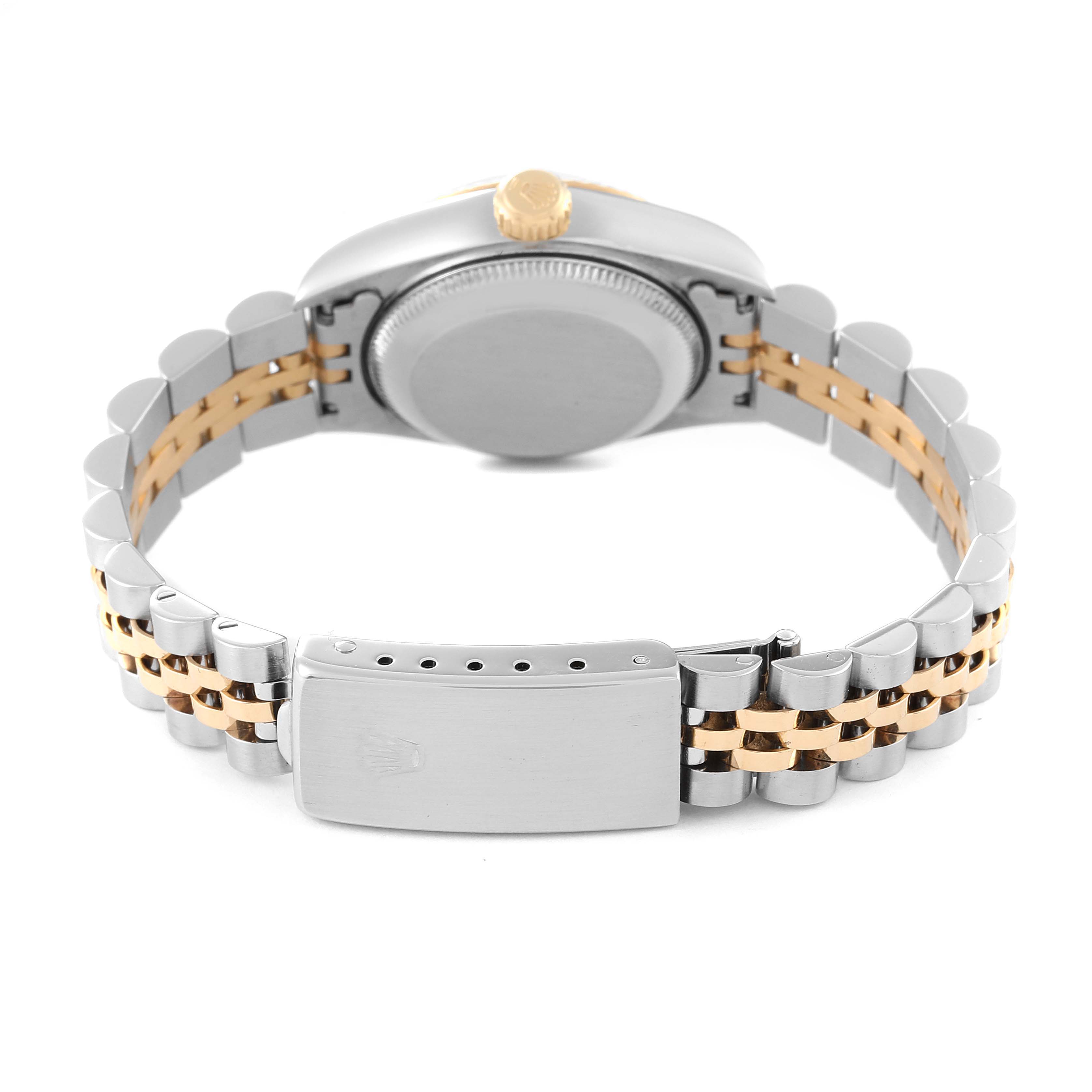 This image shows the back view of a Rolex Datejust 69173 Women's Steel and Gold (two tone) White Dial 69173 Women's Steel and Gold (two tone) White Dial watch, highlighting its case, crown, and two-tone bracelet with a clasp.