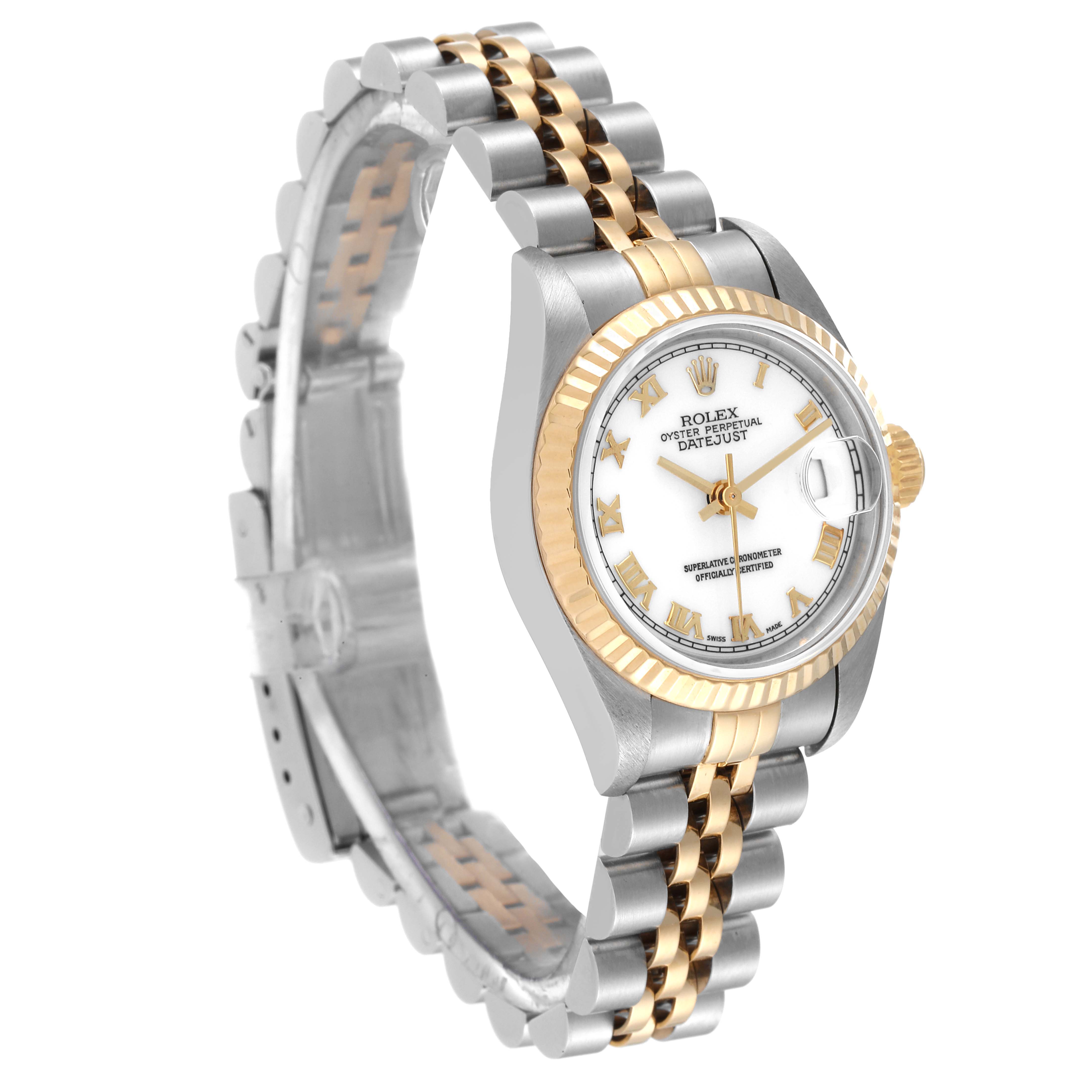 This image shows a Rolex Datejust 69173 Women's Steel and Gold (two tone) White Dial 69173 Women's Steel and Gold (two tone) White Dial watch at an angle highlighting the face, dial, bezel, and part of the two-tone bracelet.