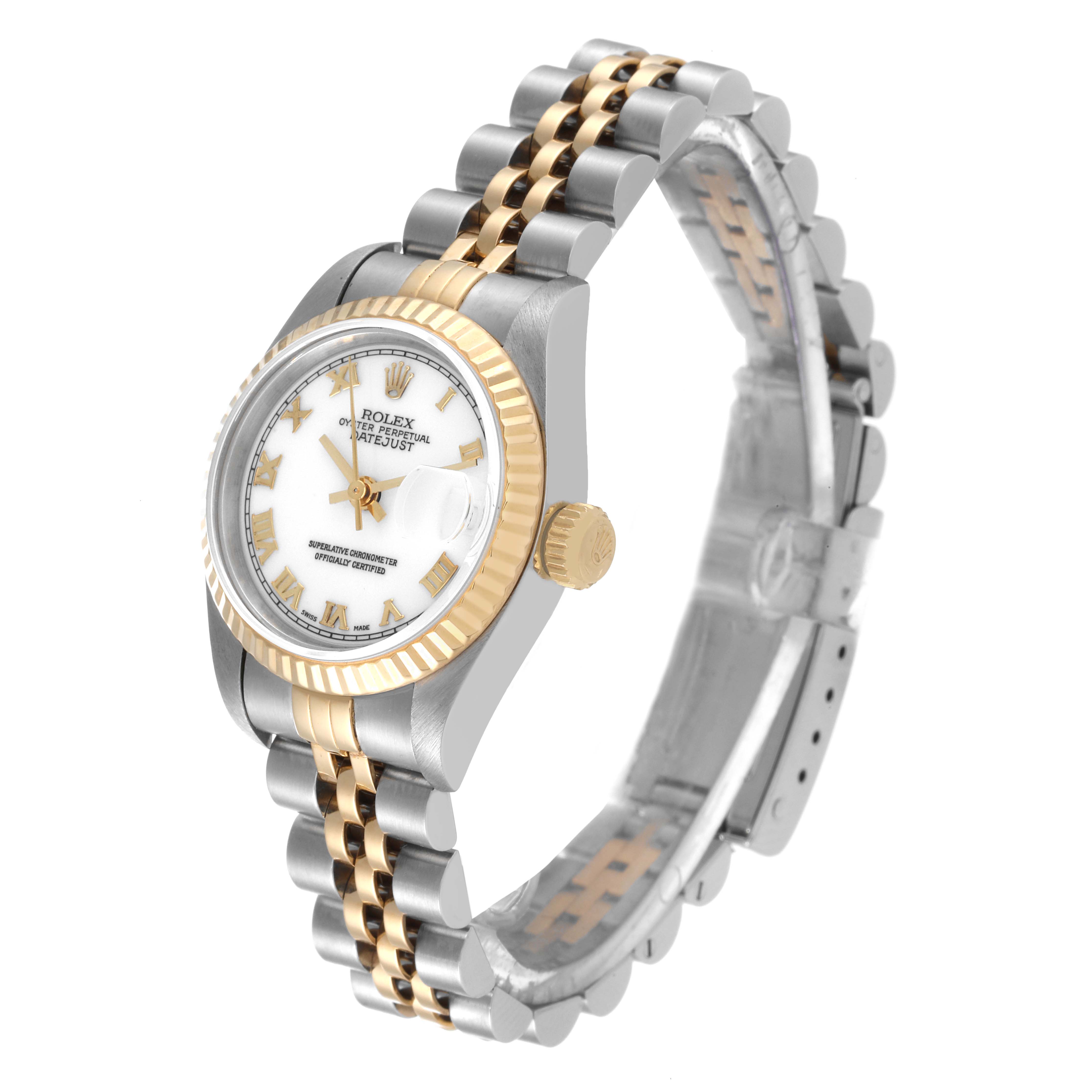 The Rolex Datejust 69173 Women's Steel and Gold (two tone) White Dial 69173 Women's Steel and Gold (two tone) White Dial watch is shown from the left side, displaying the face, bezel, crown, and part of the bracelet.