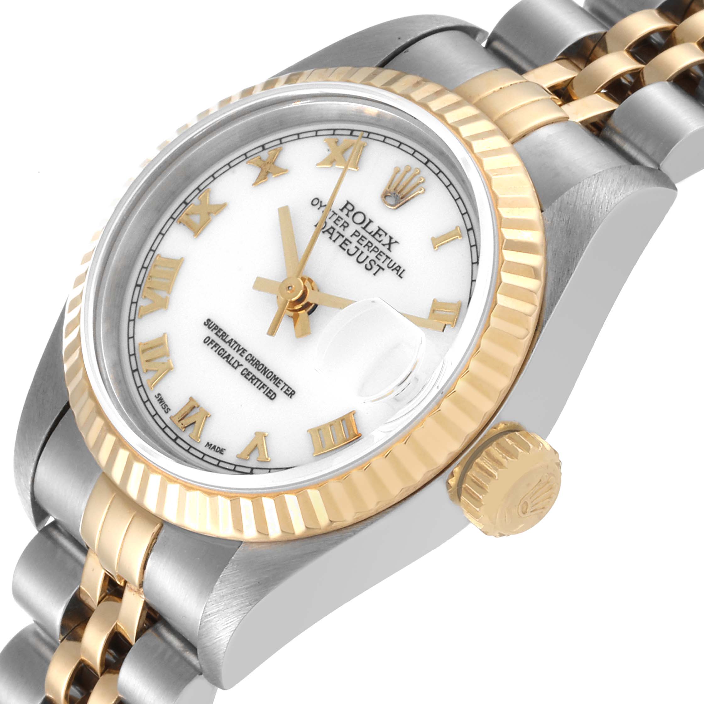 The image shows a close-up, angled view of the Rolex Datejust 69173 Women's Steel and Gold (two tone) White Dial 69173 Women's Steel and Gold (two tone) White Dial watch face, bezel, crown, and Jubilee bracelet.