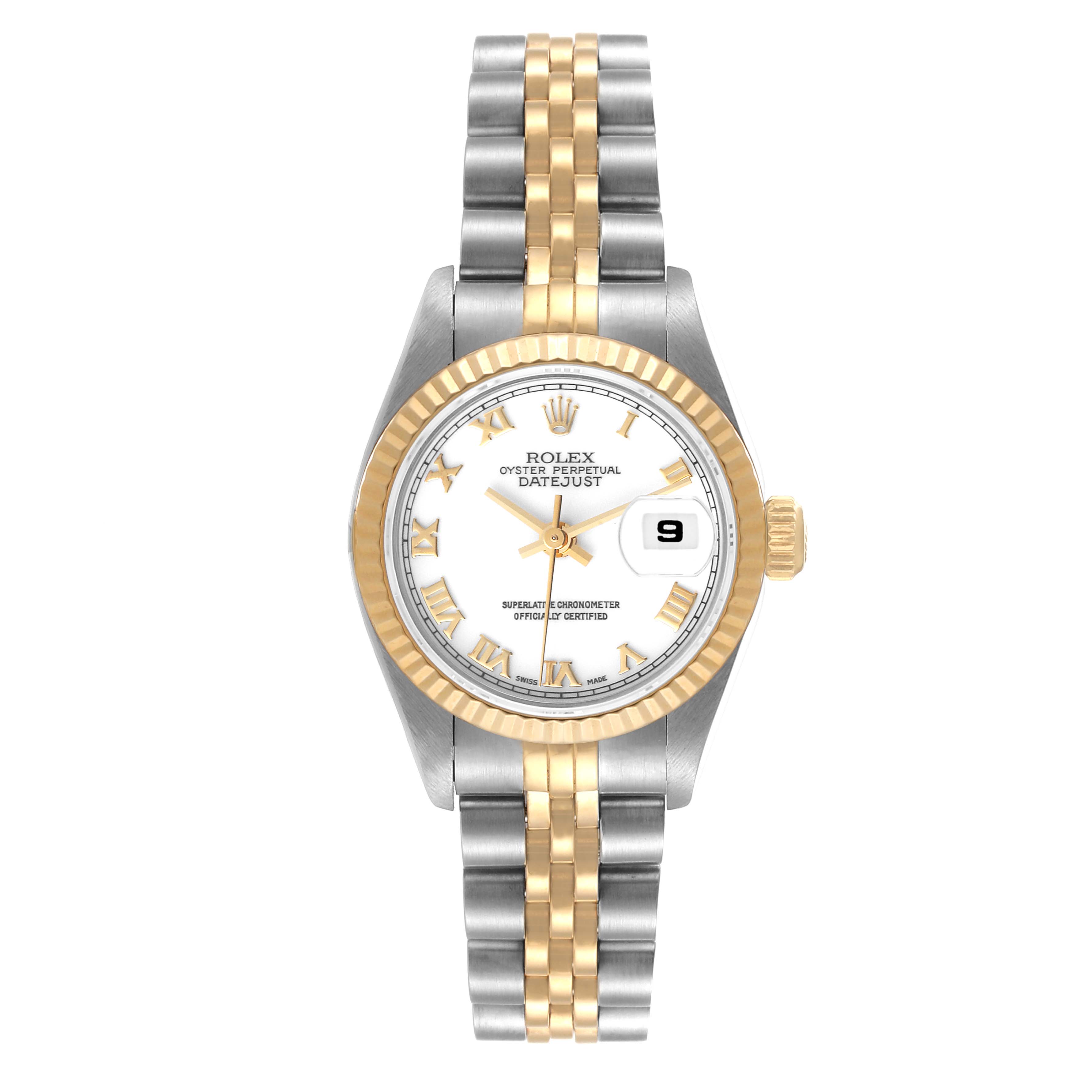 This image shows a front view of a Rolex Datejust 69173 Women's Steel and Gold (two tone) White Dial 69173 Women's Steel and Gold (two tone) White Dial watch, displaying the dial, bracelet, and date window.