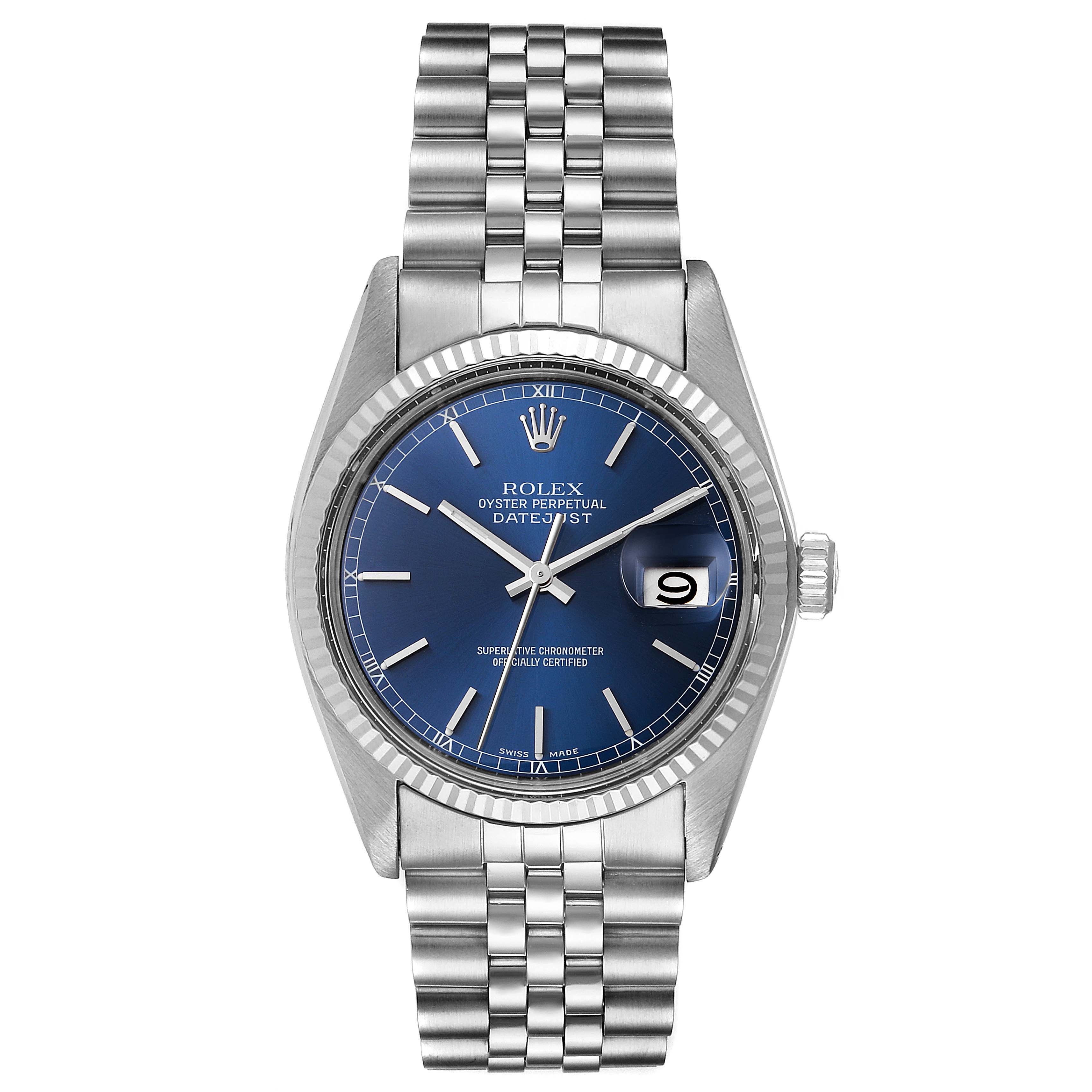 The image shows a top view of the Rolex Vintage Collection 16014 Men's Stainless Steel Blue Dial 16014 Men's Stainless Steel Blue Dial Oyster Perpetual Datejust, featuring the dial, bezel, and bracelet.