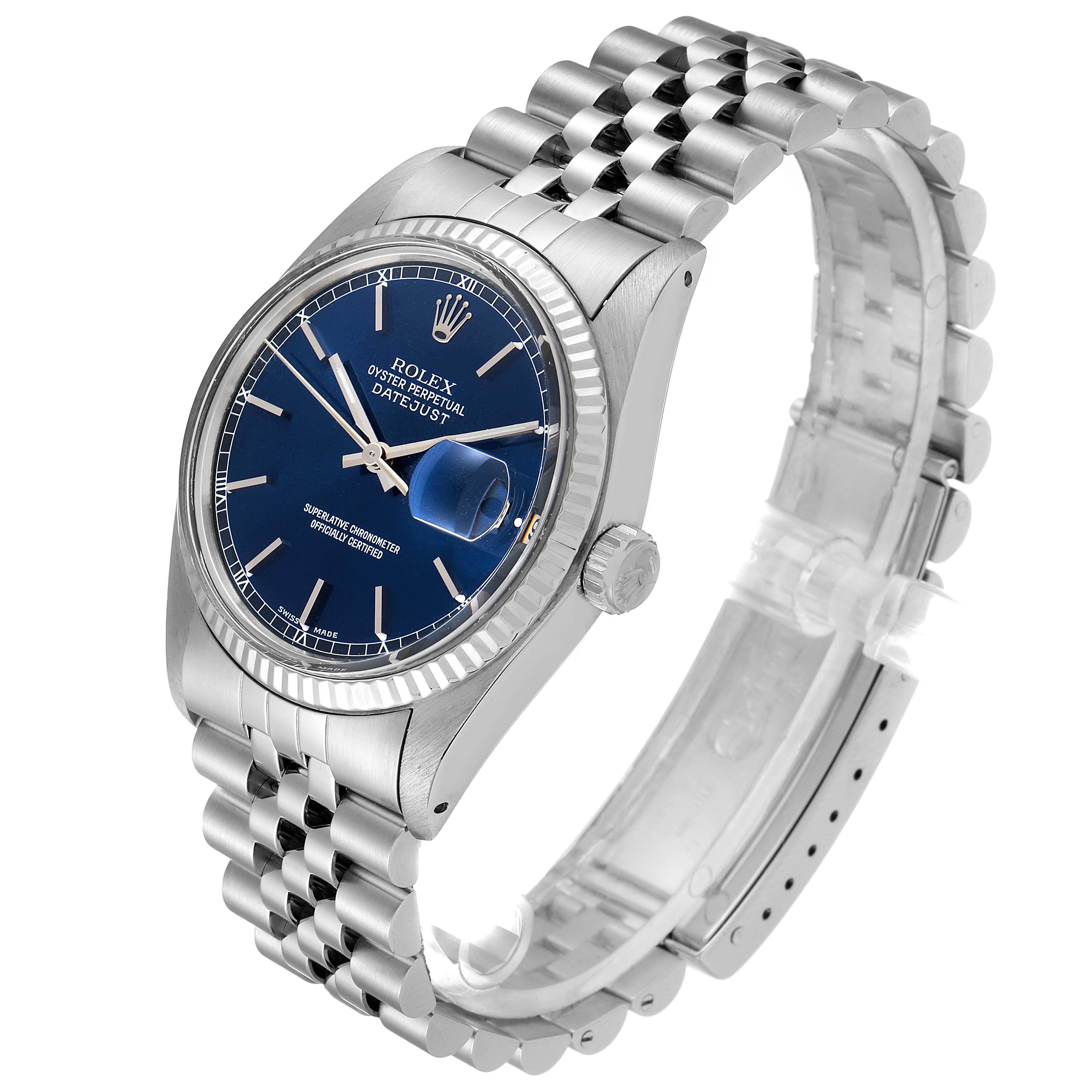The Rolex Vintage Collection 16014 Men's Stainless Steel Blue Dial 16014 Men's Stainless Steel Blue Dial watch is shown at an angled side view, highlighting the face, crown, and bracelet.