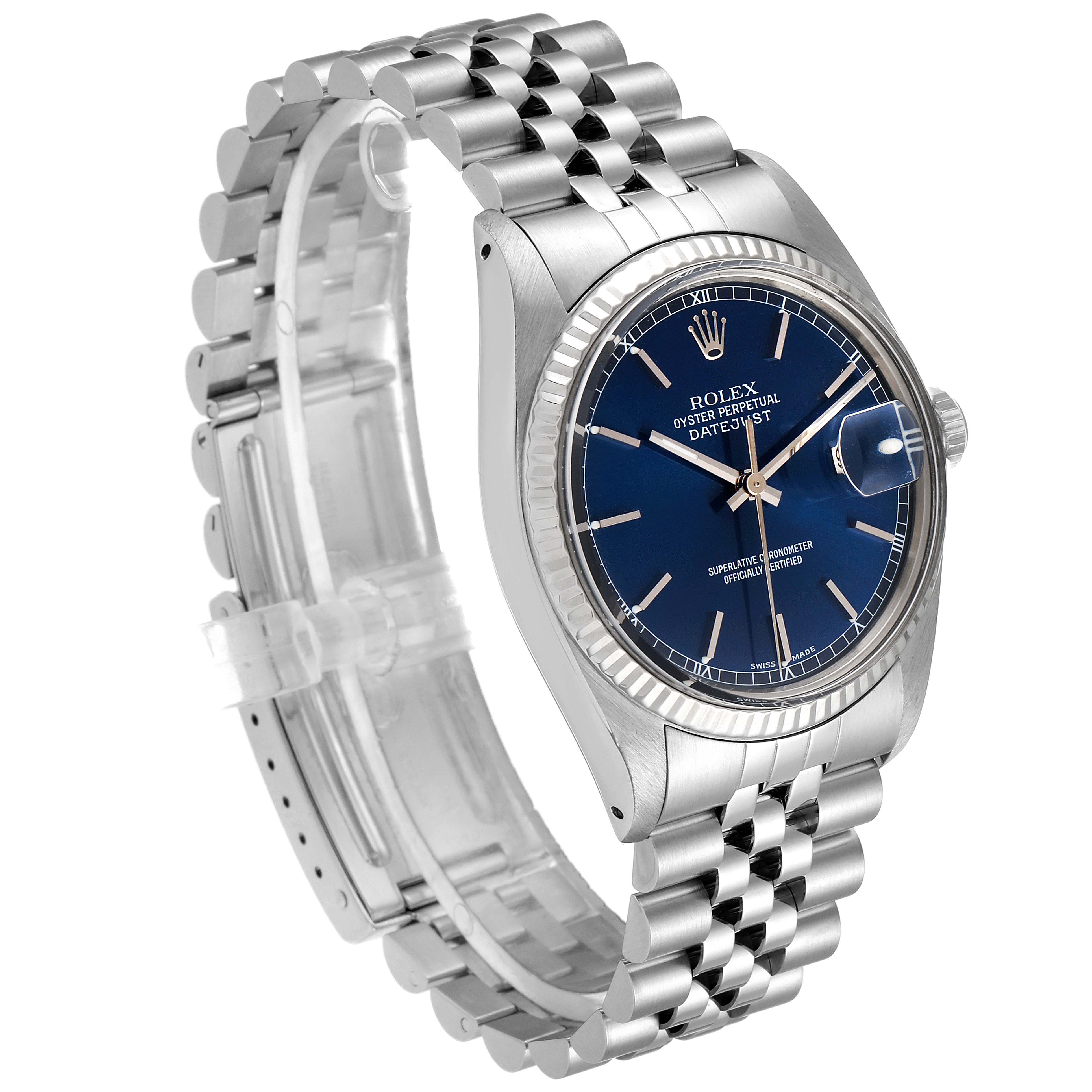 The image shows a Rolex Vintage Collection 16014 Men's Stainless Steel Blue Dial 16014 Men's Stainless Steel Blue Dial model watch at a three-quarter angle, highlighting its blue dial, case, and bracelet.