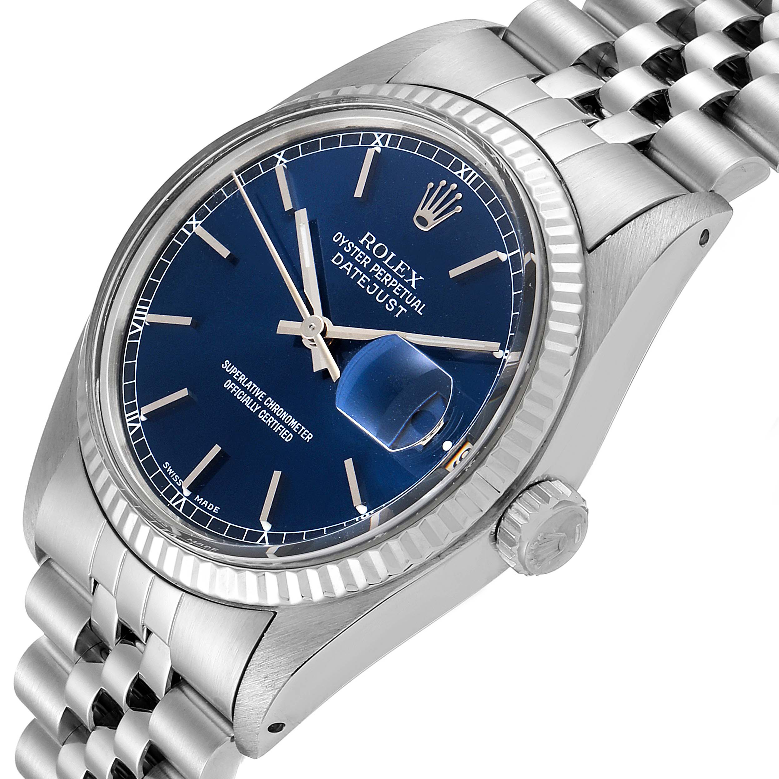 The Rolex Vintage Collection 16014 Men's Stainless Steel Blue Dial 16014 Men's Stainless Steel Blue Dial model is shown at an angled side view, displaying its face, crown, and part of the bracelet.