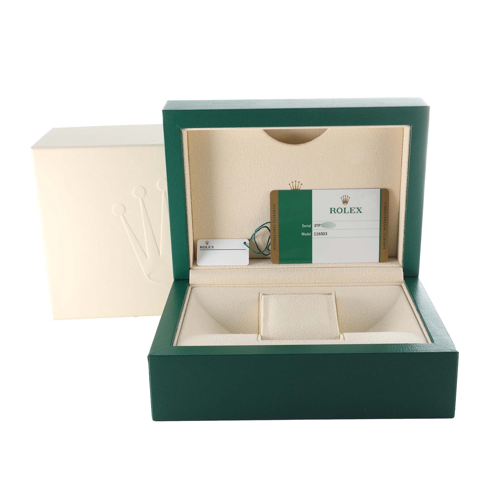This image shows the packaging, warranty card, and tag for a Rolex Daytona 116503 Men's Steel and Gold (two tone) Mother of Pearl Dial 116503 Men's Steel and Gold (two tone) Mother of Pearl Dial watch.