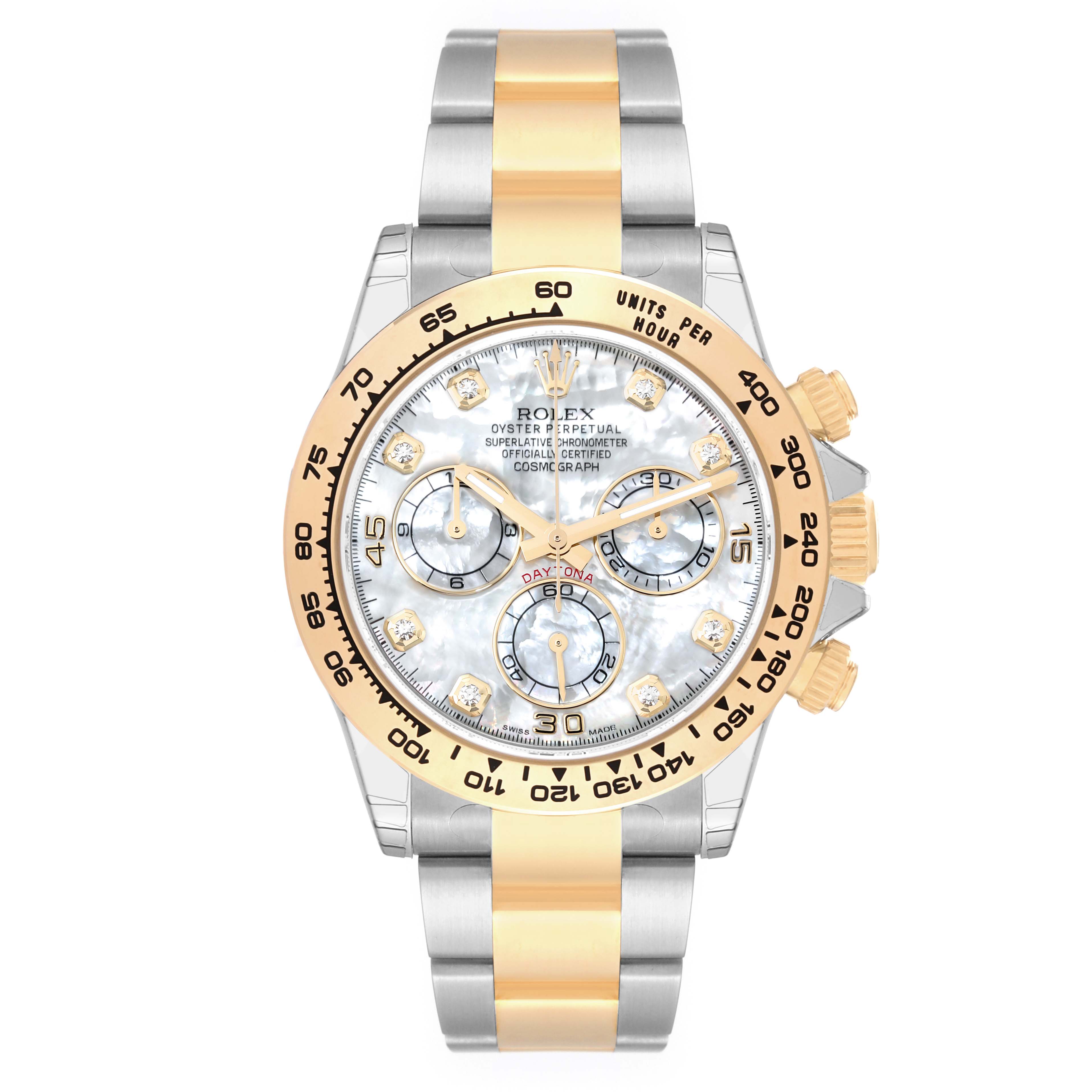 The Rolex Daytona 116503 Men's Steel and Gold (two tone) Mother of Pearl Dial 116503 Men's Steel and Gold (two tone) Mother of Pearl Dial watch model is shown from a top-down angle, highlighting the dial, bezel, and two-tone bracelet.