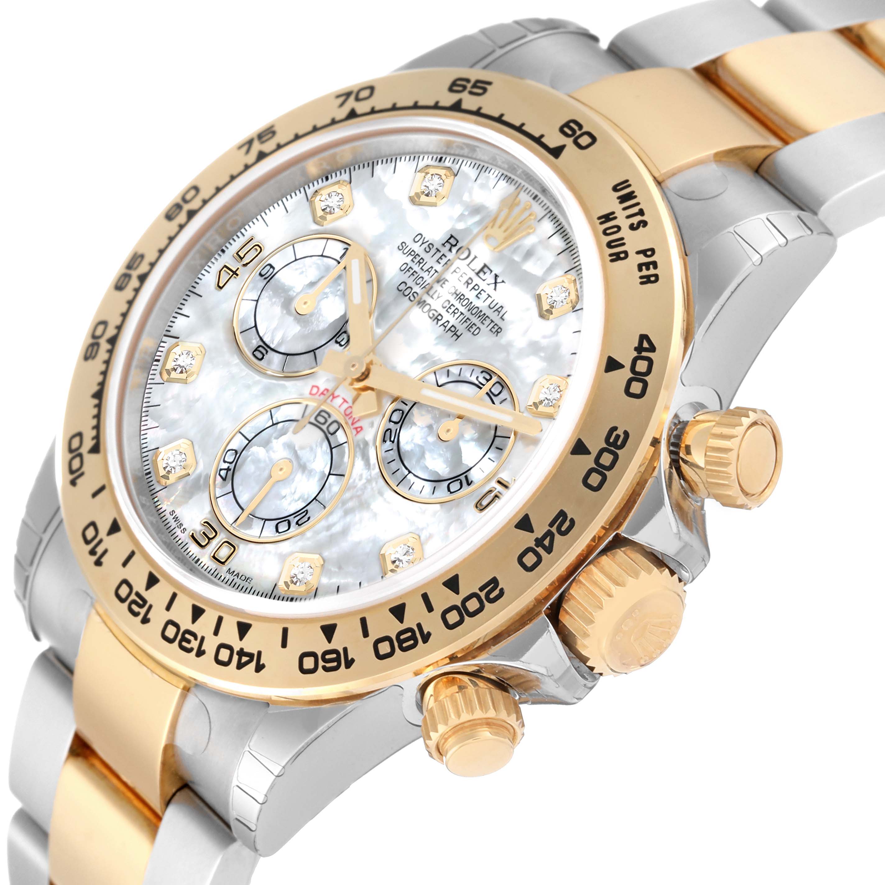 The image shows a close-up of a Rolex Daytona 116503 Men's Steel and Gold (two tone) Mother of Pearl Dial 116503 Men's Steel and Gold (two tone) Mother of Pearl Dial watch, displaying its bezel, dial, crown, and pushers.