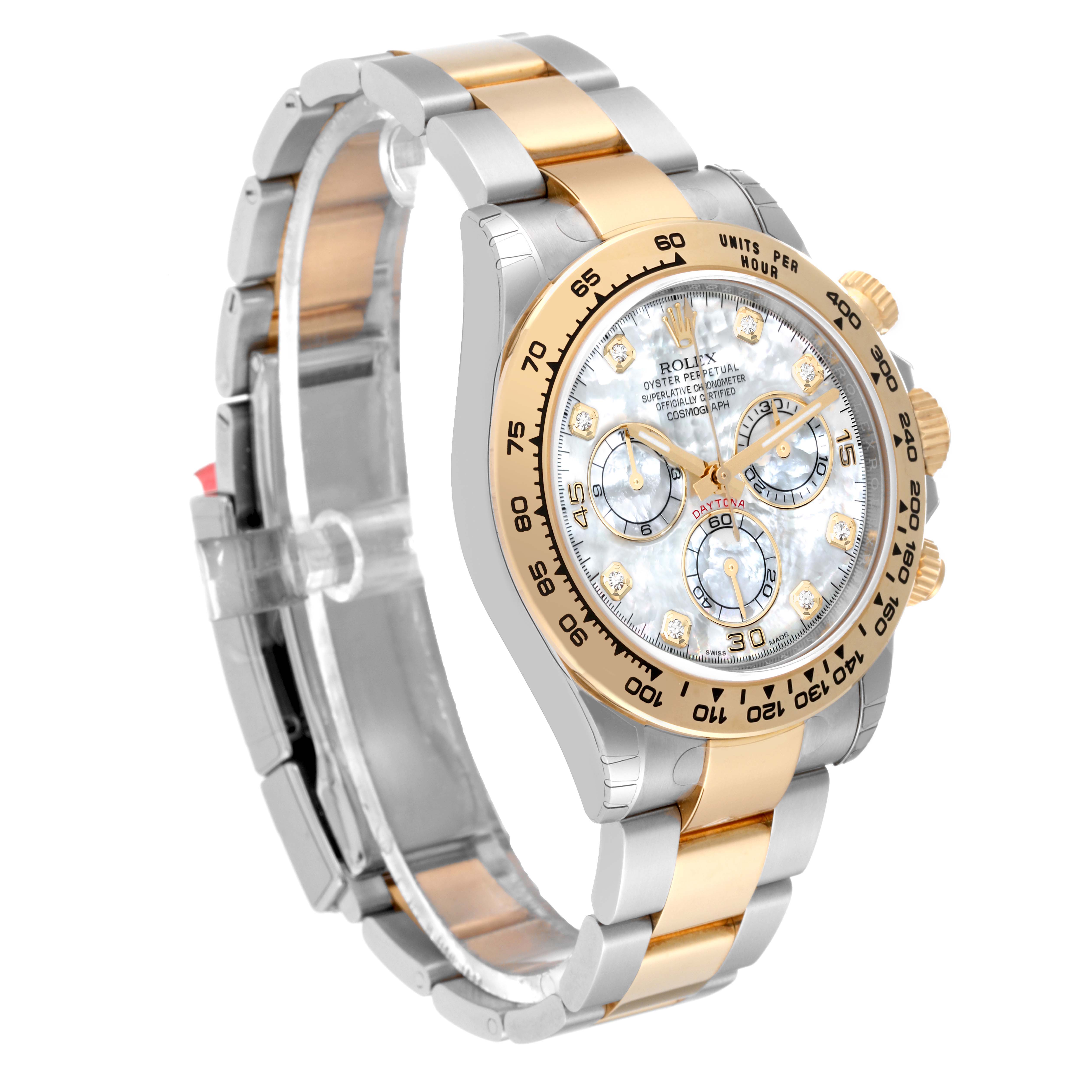 This image shows a side angle of the Rolex Daytona 116503 Men's Steel and Gold (two tone) Mother of Pearl Dial 116503 Men's Steel and Gold (two tone) Mother of Pearl Dial watch, highlighting its two-tone bracelet, bezel, and dial.