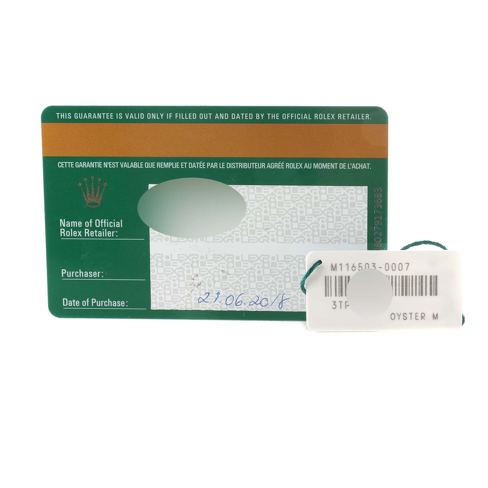 This image shows a warranty card and tag for a Rolex Daytona 116503 Men's Steel and Gold (two tone) Mother of Pearl Dial 116503 Men's Steel and Gold (two tone) Mother of Pearl Dial watch, including the purchase date and retailer's name fields.