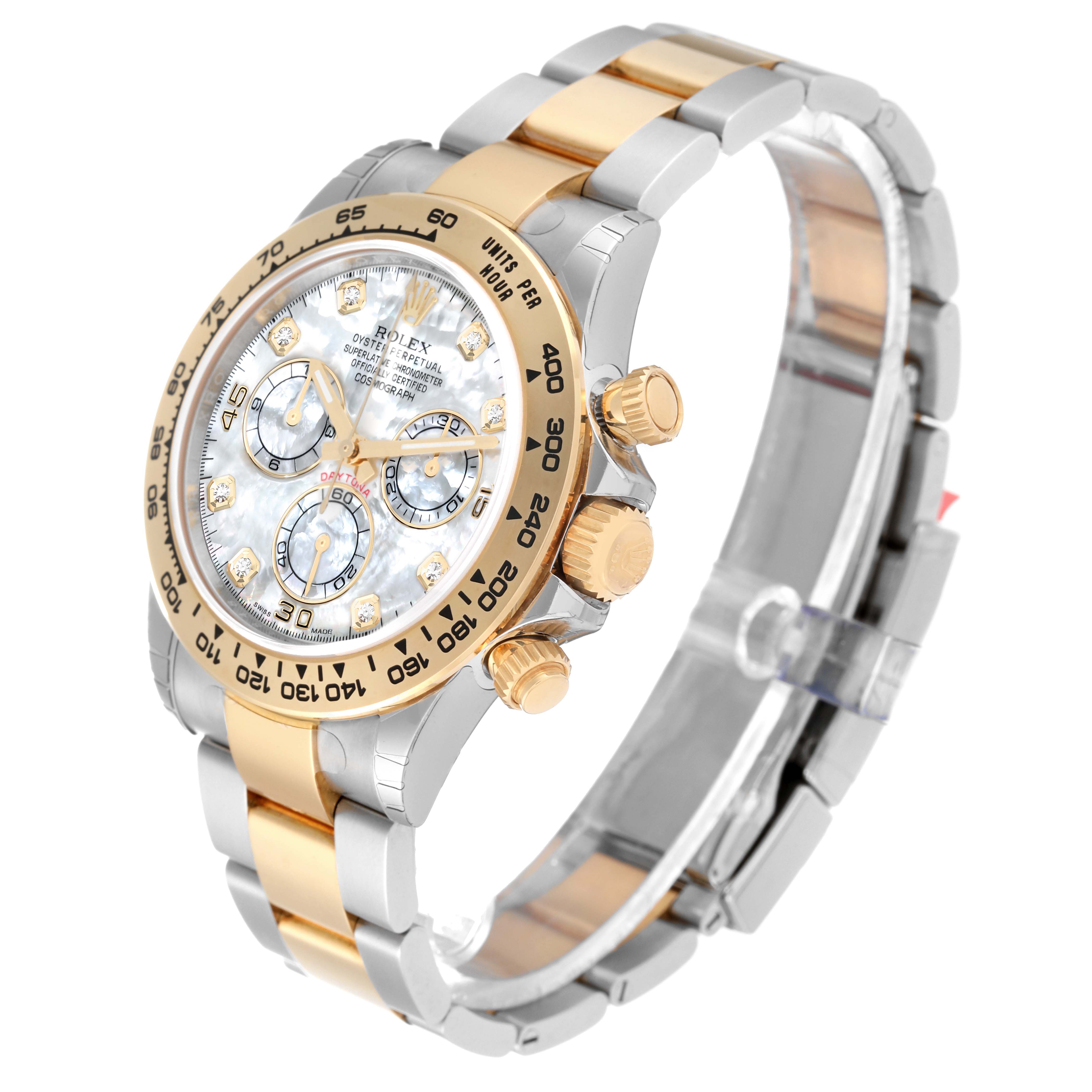 The Rolex Daytona 116503 Men's Steel and Gold (two tone) Mother of Pearl Dial 116503 Men's Steel and Gold (two tone) Mother of Pearl Dial is shown at an angled side view, highlighting its gold and silver band, bezel, and detailed dial.