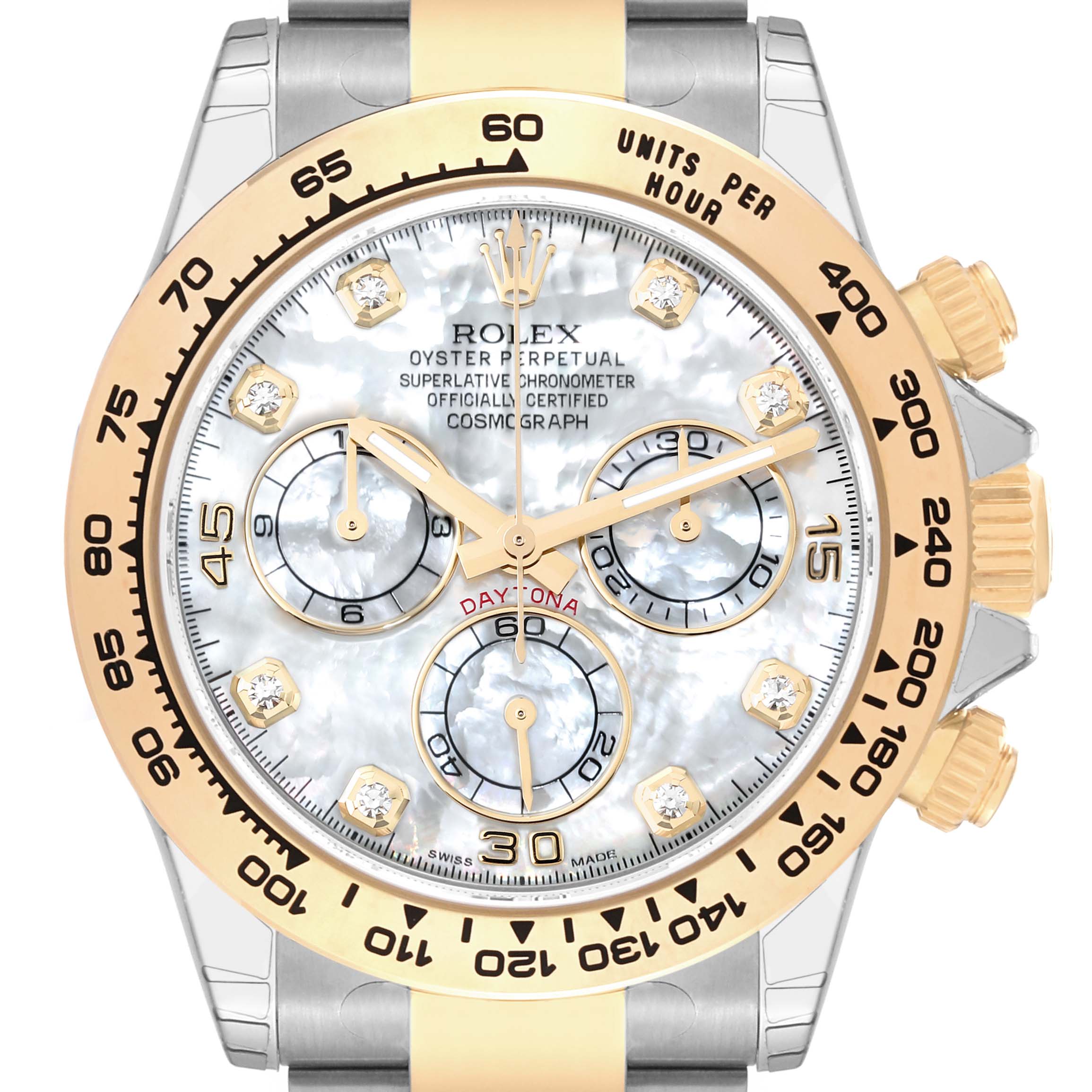 This is a close-up of the Rolex Daytona 116503 Men's Steel and Gold (two tone) Mother of Pearl Dial 116503 Men's Steel and Gold (two tone) Mother of Pearl Dial watch, showing its face, bezel, and pushers.