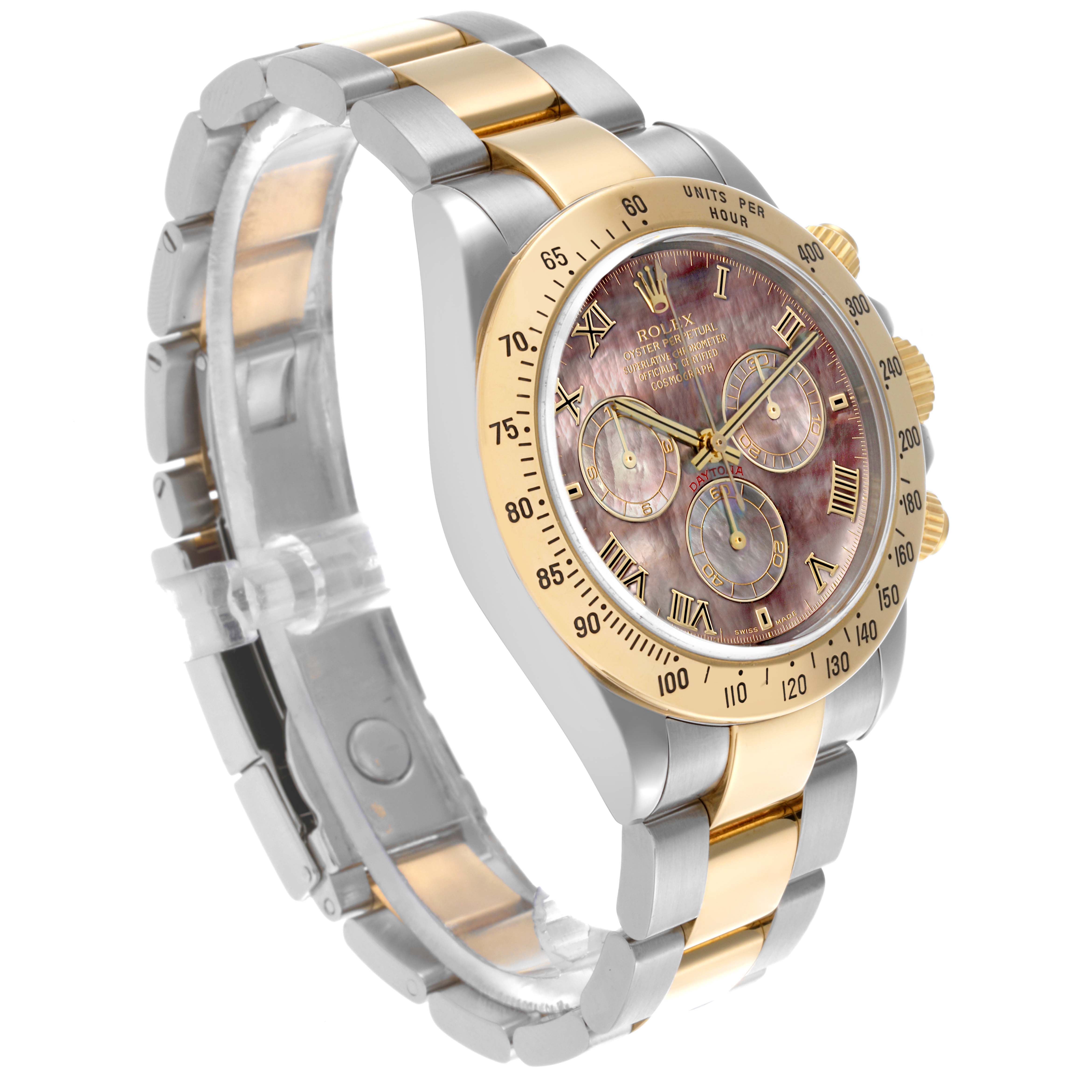 The Rolex Daytona 116523NR Men's Steel and Gold (two tone) Mother of Pearl Dial 116523NR Men's Steel and Gold (two tone) Mother of Pearl Dial watch is shown at a three-quarter angle, highlighting the dial, bezel, and partial bracelet.