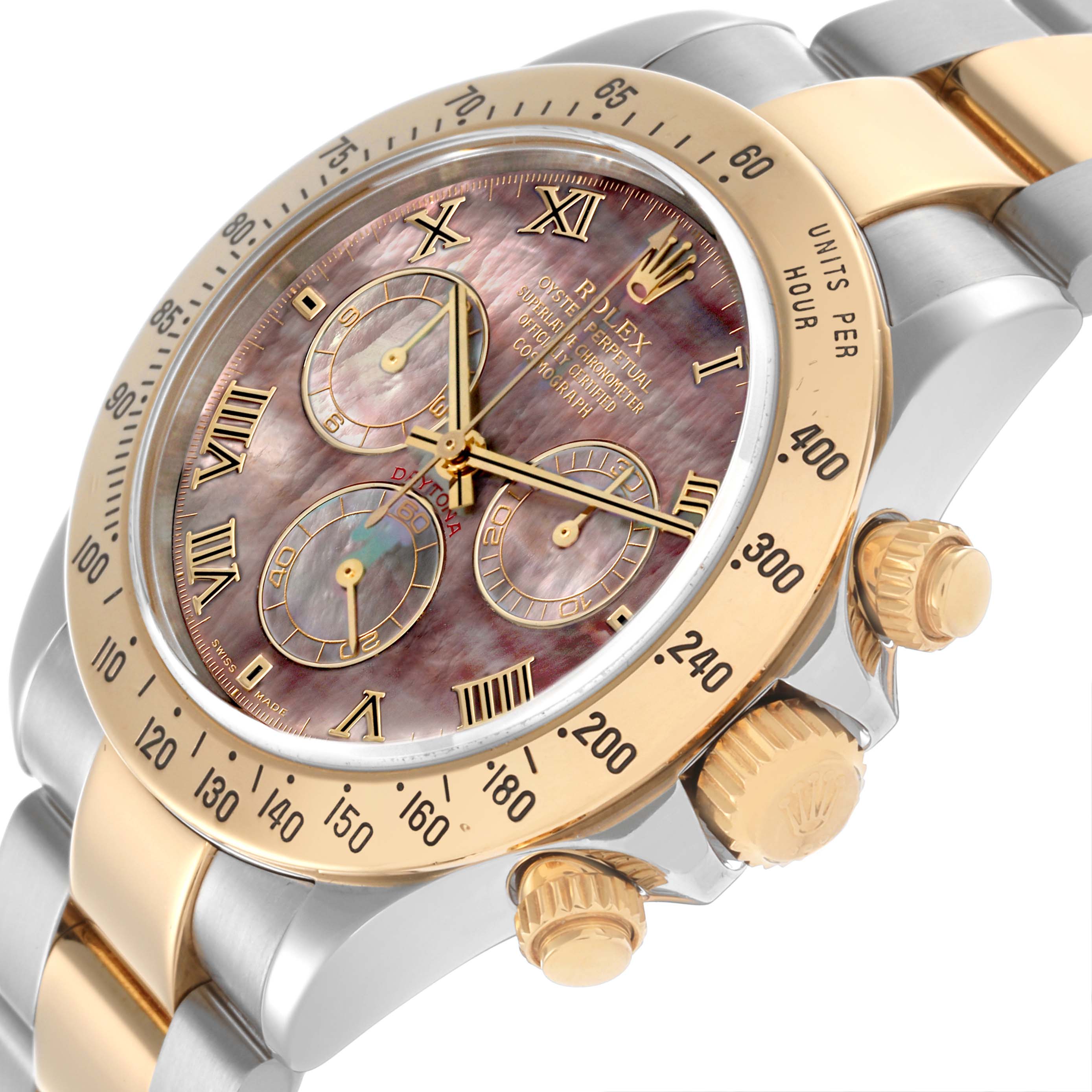 The image shows a Rolex Daytona 116523NR Men's Steel and Gold (two tone) Mother of Pearl Dial 116523NR Men's Steel and Gold (two tone) Mother of Pearl Dial watch at a three-quarter angle, highlighting its bezel, dial, subdials, crown, and bracelet.