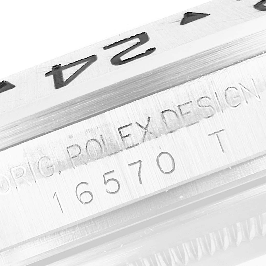The image shows a close-up angle of the case and bezel of a Rolex Explorer 16570 Men's Stainless Steel White Dial 16570 Men's Stainless Steel White Dial watch, displaying the model number "16570."