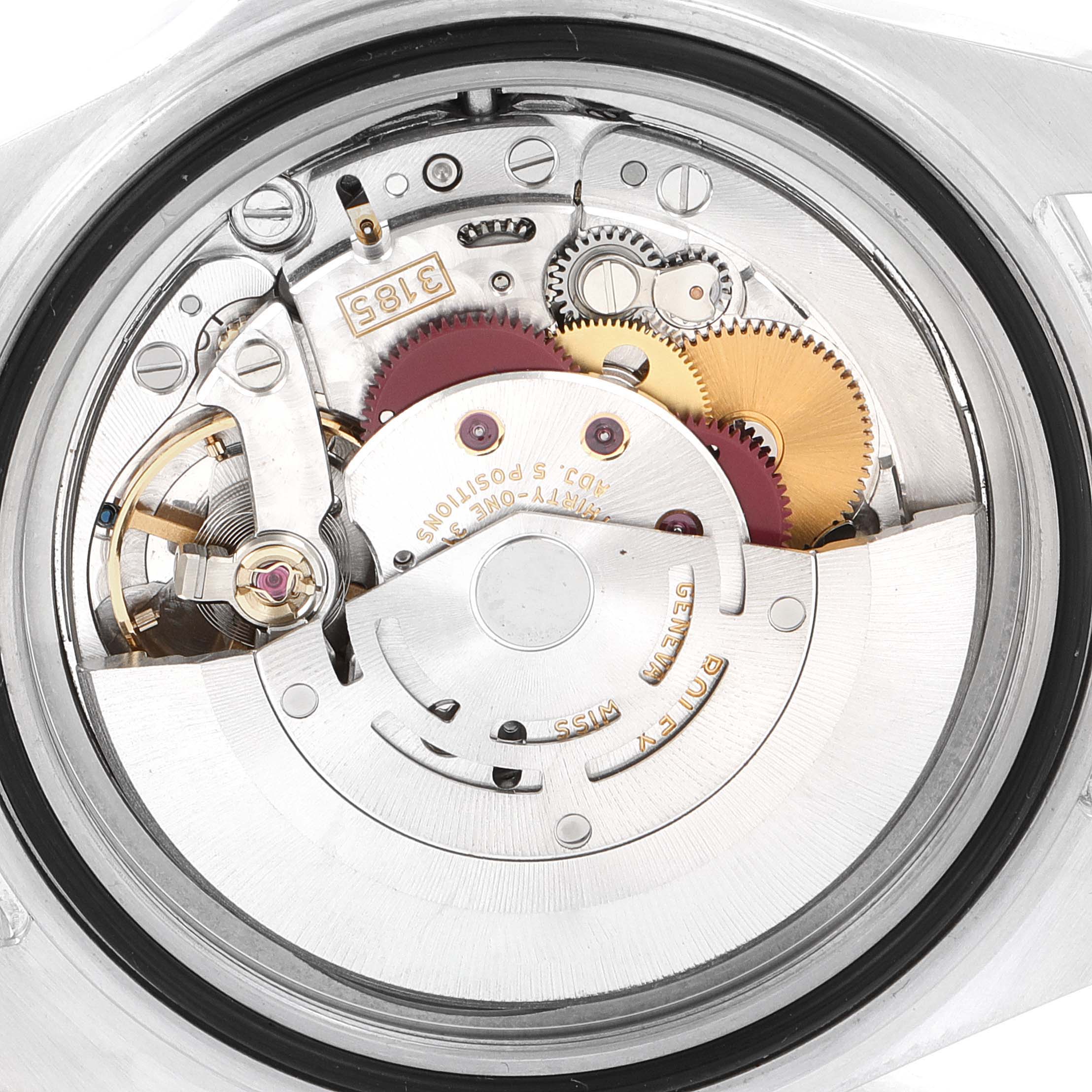 This image shows the internal mechanical movement of the Rolex Explorer 16570 Men's Stainless Steel White Dial 16570 Men's Stainless Steel White Dial watch viewed from the back.