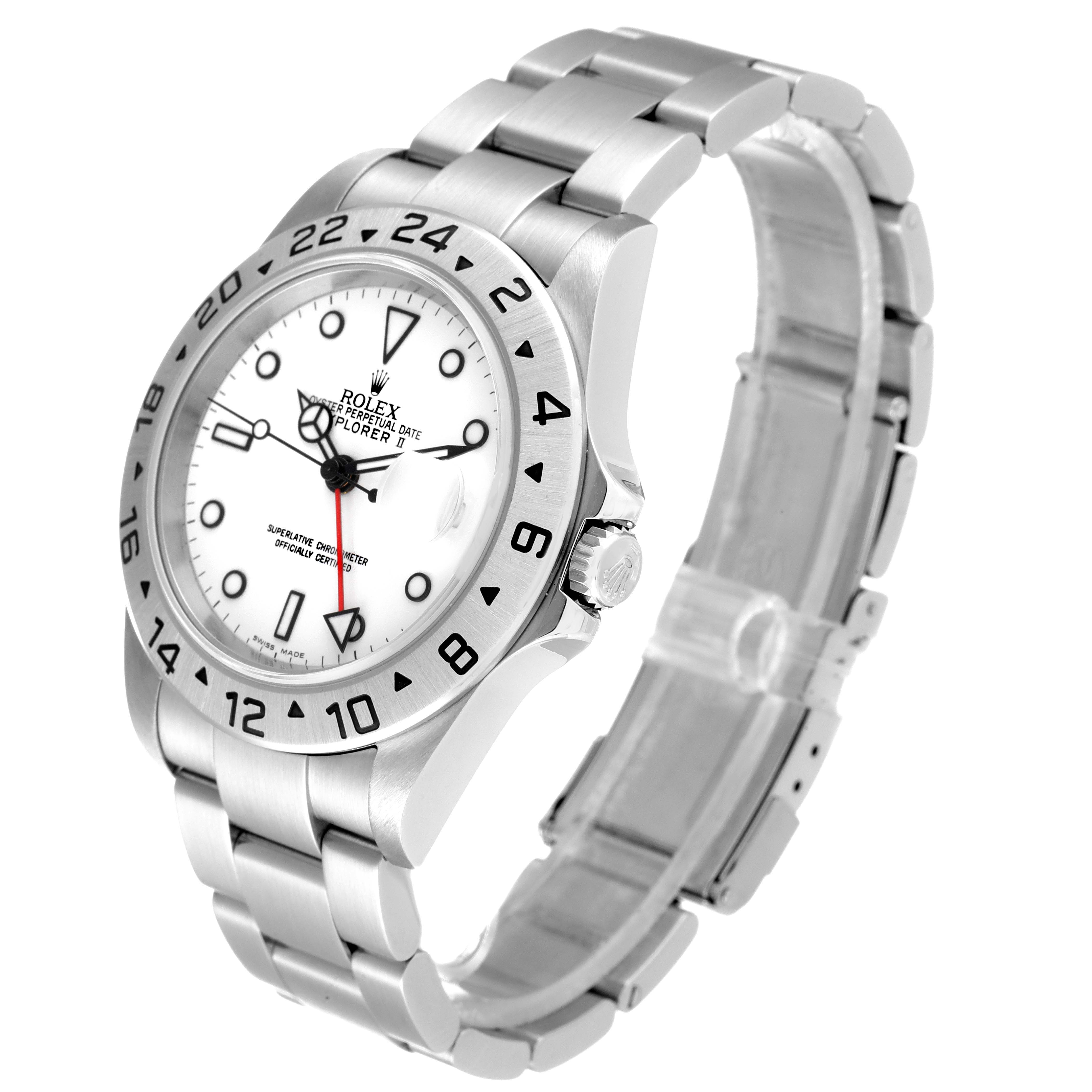 The Rolex Explorer 16570 Men's Stainless Steel White Dial 16570 Men's Stainless Steel White Dial watch is shown at an angle highlighting the face, bezel, crown, and bracelet.