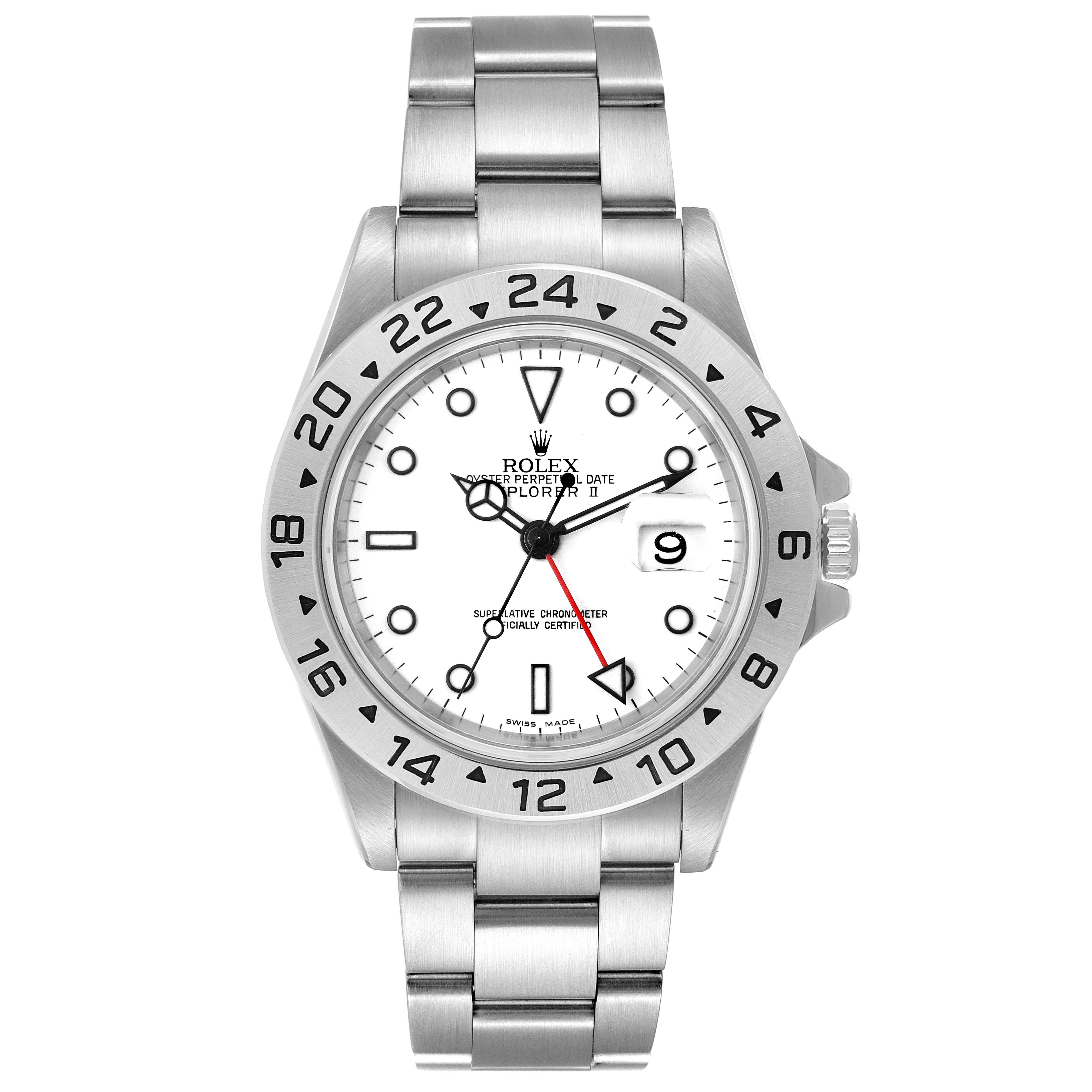The image shows the front view of a Rolex Explorer 16570 Men's Stainless Steel White Dial 16570 Men's Stainless Steel White Dial watch, displaying its bracelet, face, and bezel.