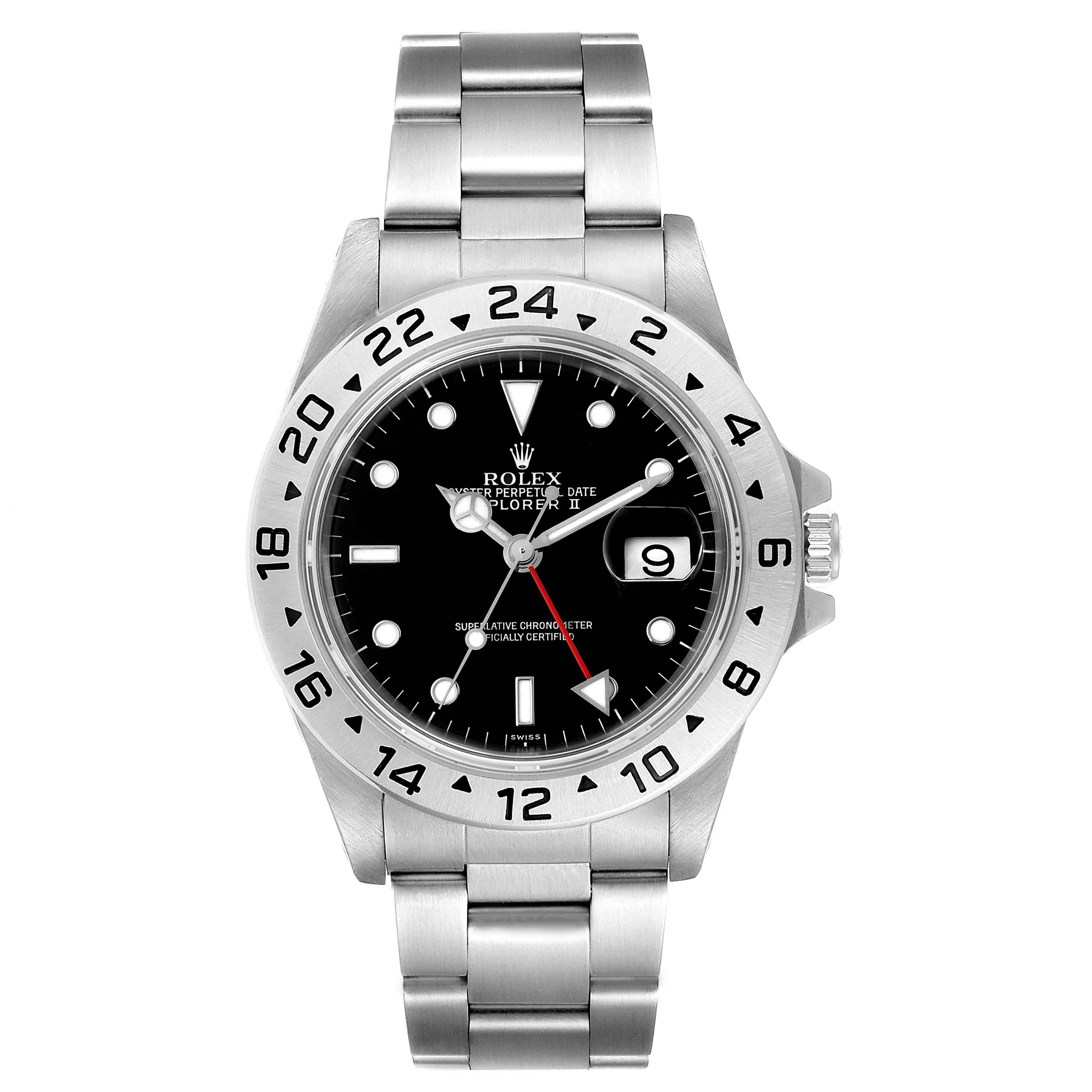 The Rolex Explorer 16570 Men
s Stainless Steel Black Dial 16570 Men
s Stainless Steel Black Dial watch is shown from a front angle, displaying the face, bezel, date window, and bracelet.