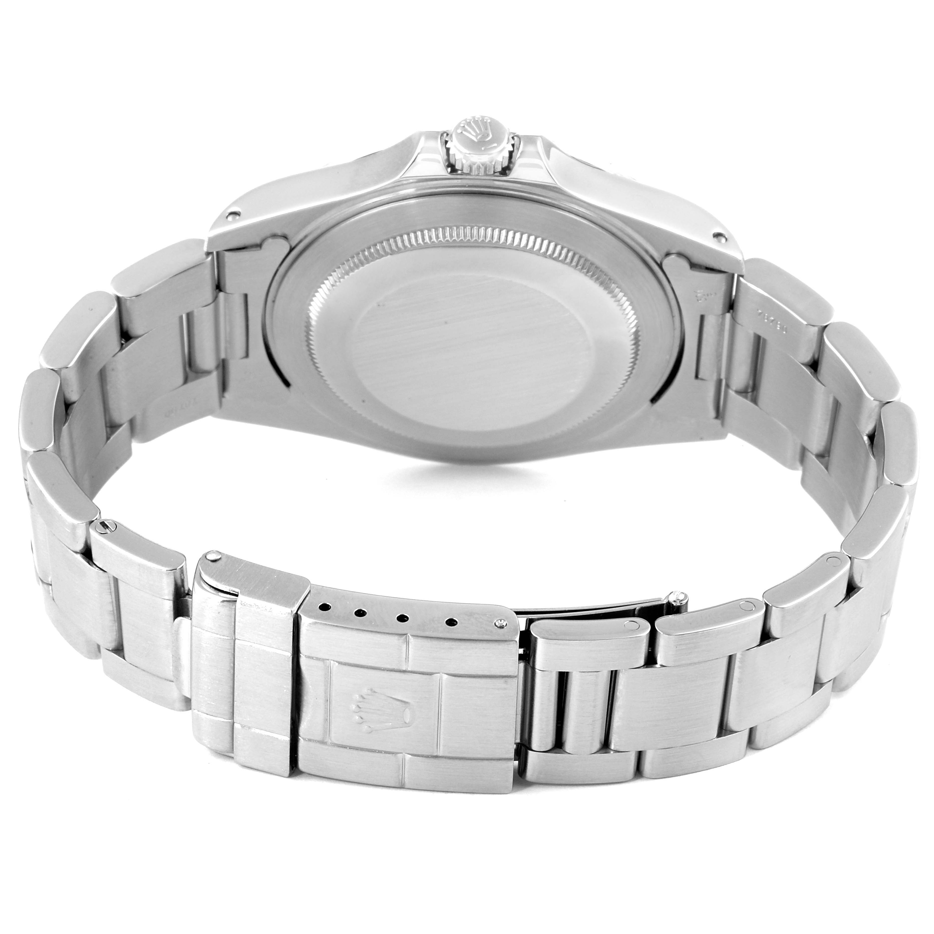 The image shows the back side of a Rolex Explorer 16570 Men
s Stainless Steel Black Dial 16570 Men
s Stainless Steel Black Dial watch, highlighting the bracelet, clasp, and caseback.