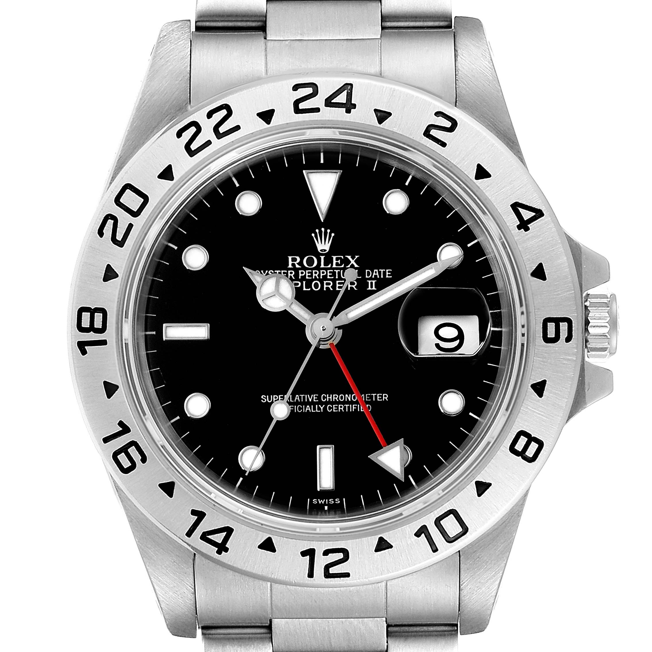 The image shows a frontal view of a Rolex Explorer 16570 Men
s Stainless Steel Black Dial 16570 Men
s Stainless Steel Black Dial watch, displaying its face, bezel, and part of the bracelet.