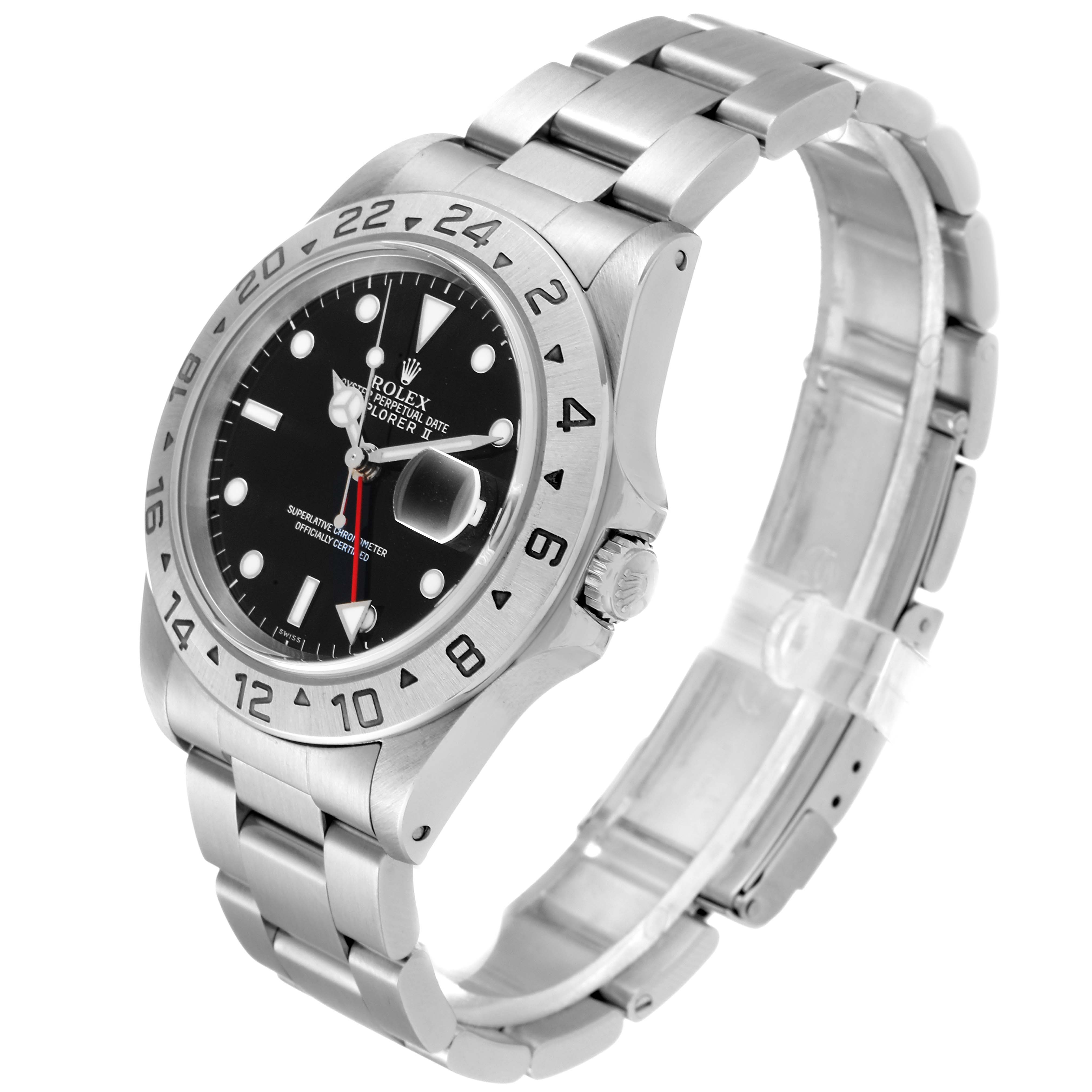 The image shows a side angle of the Rolex Explorer 16570 Men
s Stainless Steel Black Dial 16570 Men
s Stainless Steel Black Dial watch, highlighting the face, bezel, crown, and stainless steel bracelet.