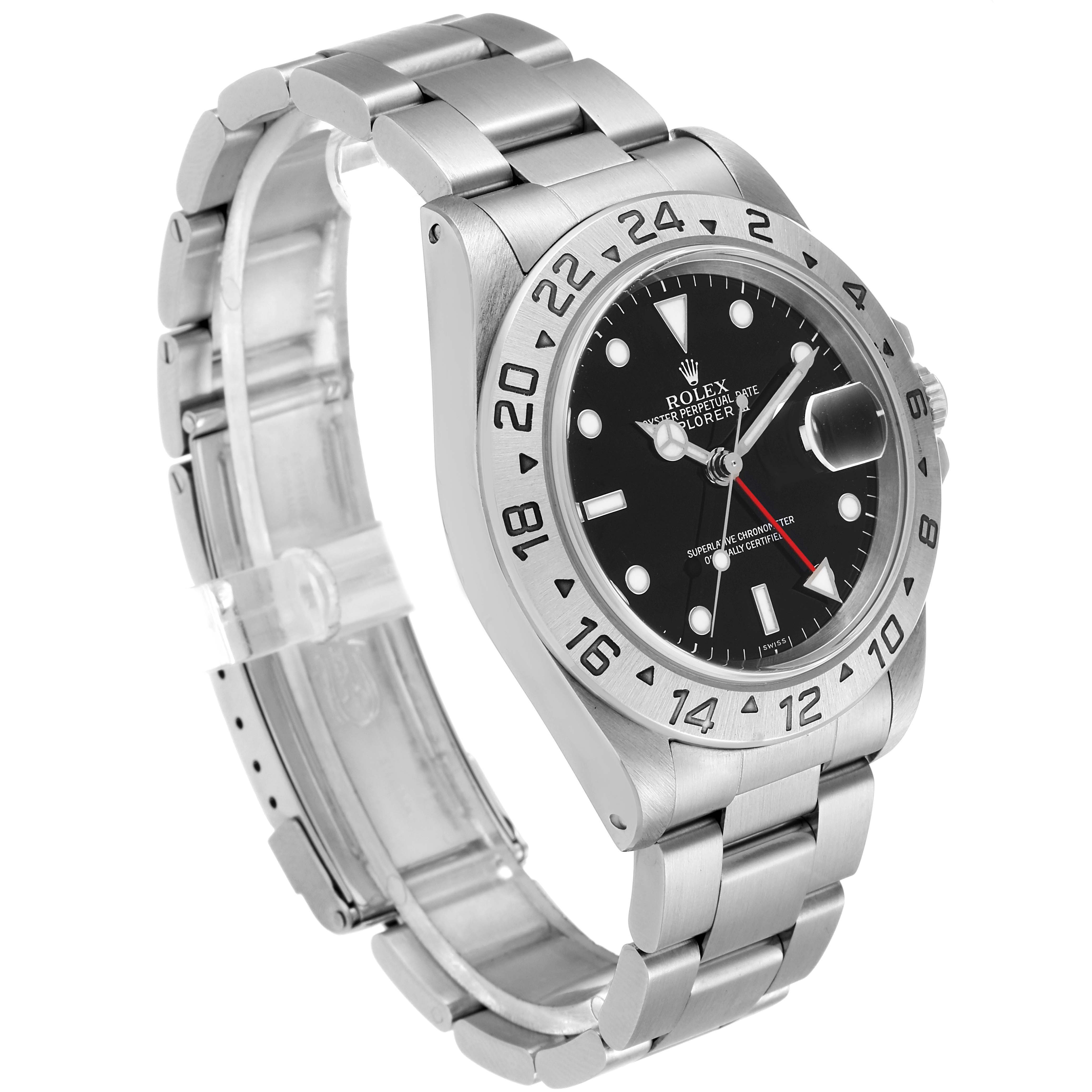 The image shows a side angle of a Rolex Explorer 16570 Men
s Stainless Steel Black Dial 16570 Men
s Stainless Steel Black Dial watch, highlighting the dial, bezel, and bracelet.