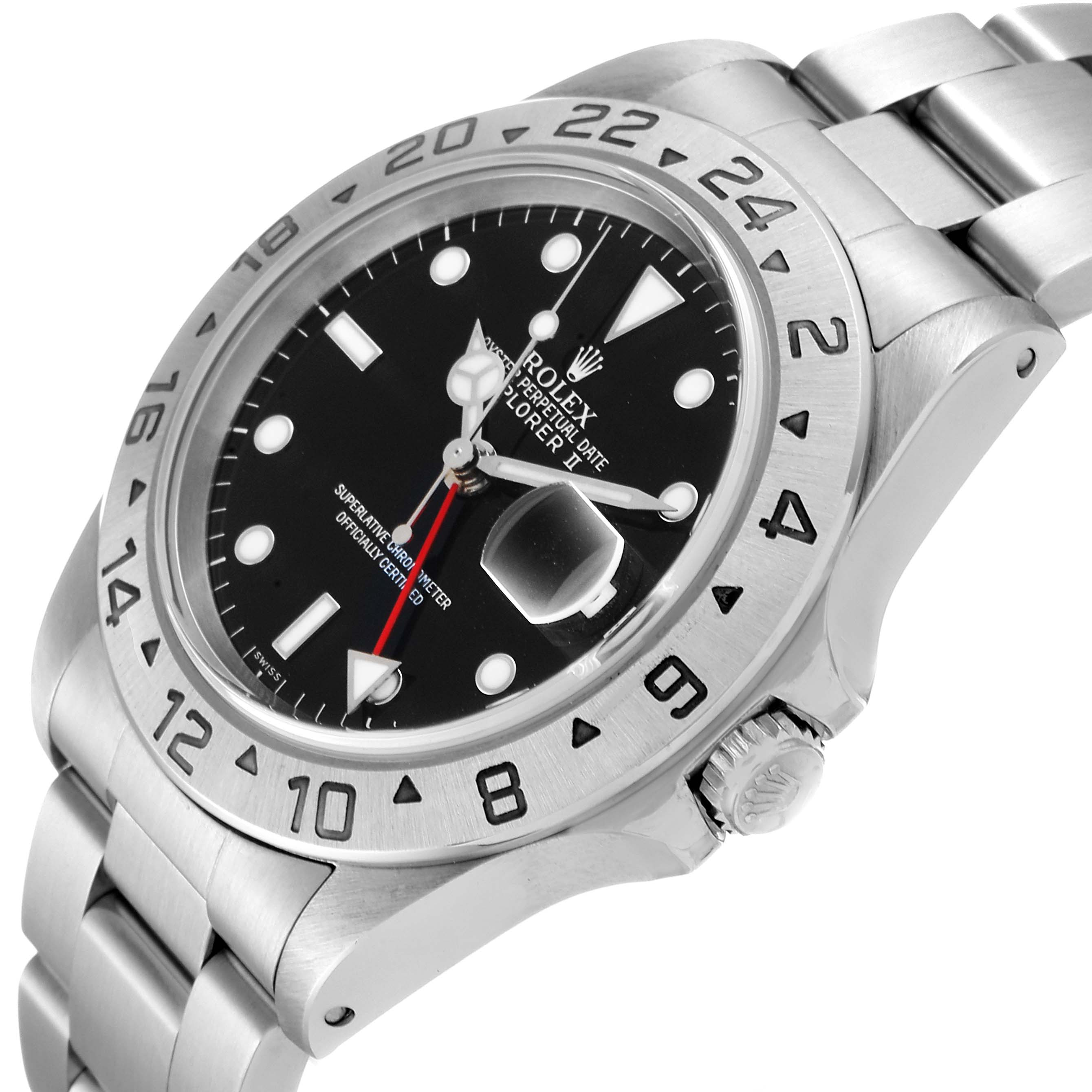 The Rolex Explorer 16570 Men
s Stainless Steel Black Dial 16570 Men
s Stainless Steel Black Dial watch is shown at an angled view highlighting the dial, bezel, crown, and bracelet.