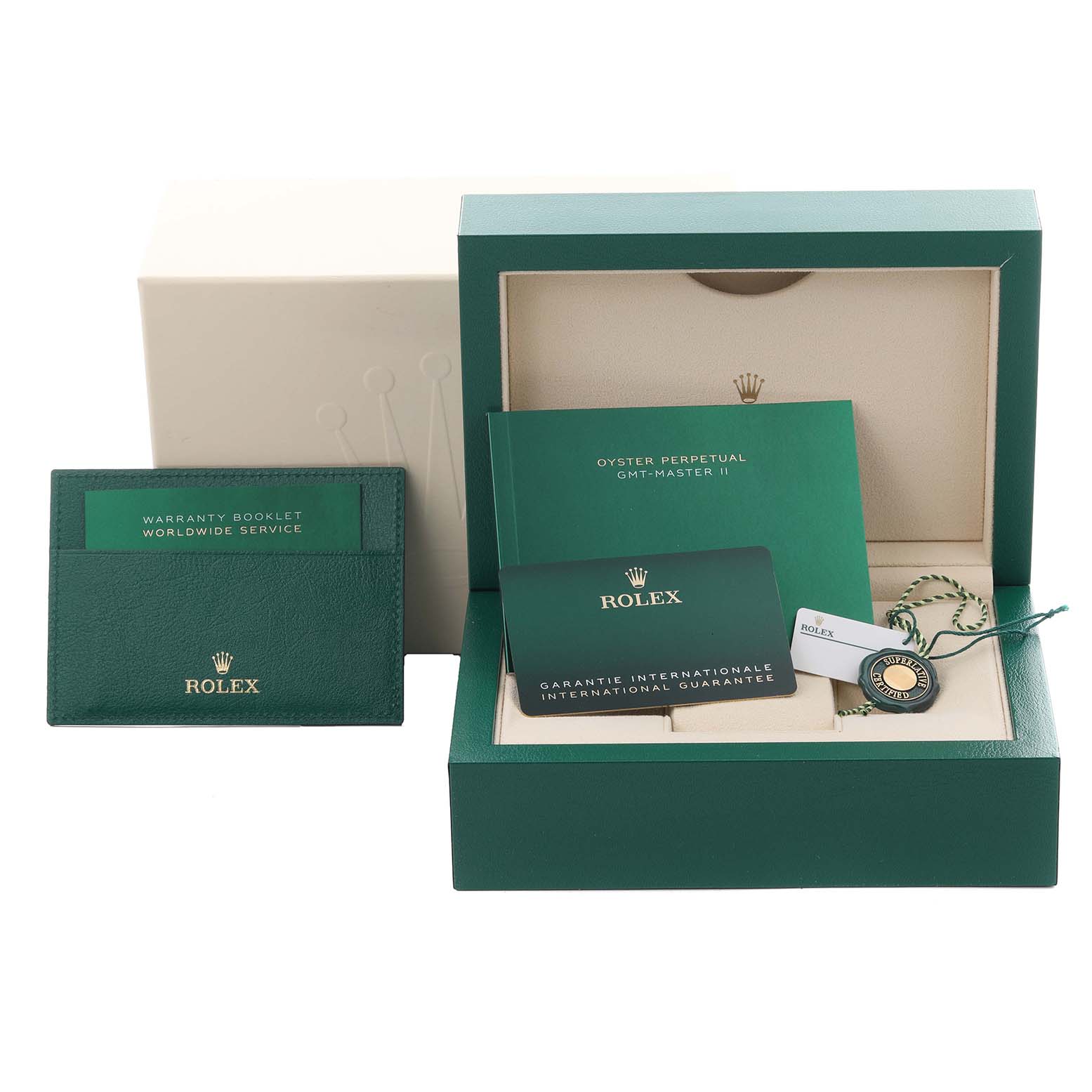 The image shows the packaging and accessories for a Rolex GMT-Master 68251 Men
s Stainless Steel Black Dial 68251 Men
s Stainless Steel Black Dial, including the box, booklets, and tag at a front angle.