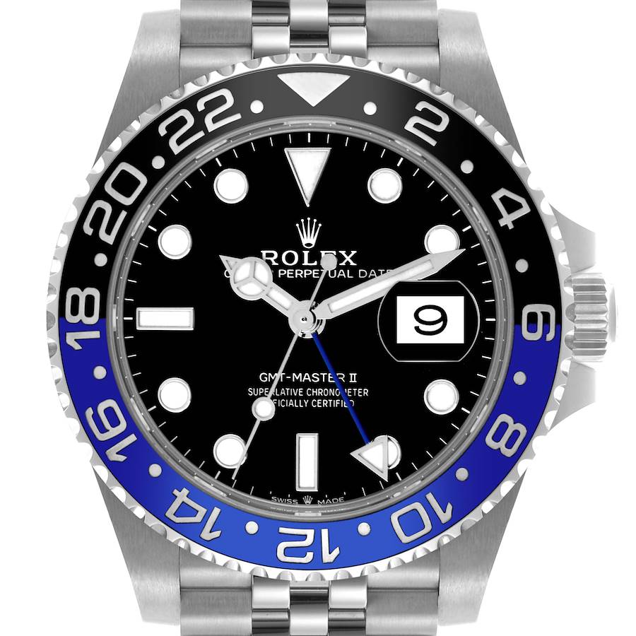 The image shows a Rolex GMT-Master II watch face directly, highlighting the bezel, dial, and date window.