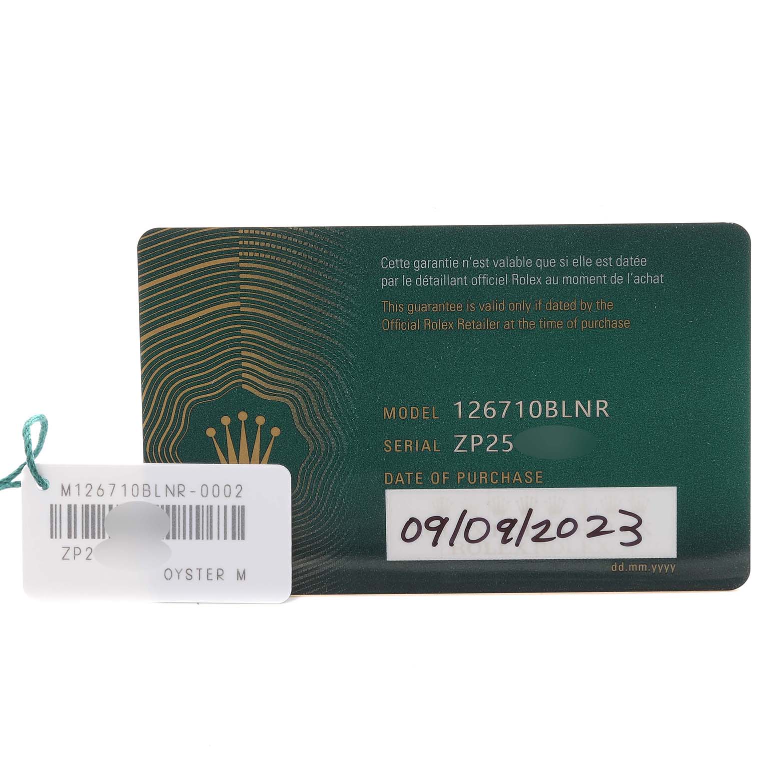 The image shows a guarantee card for the Rolex GMT-Master 68251 Men
s Stainless Steel Black Dial 68251 Men
s Stainless Steel Black Dial model 126710 BLNR.