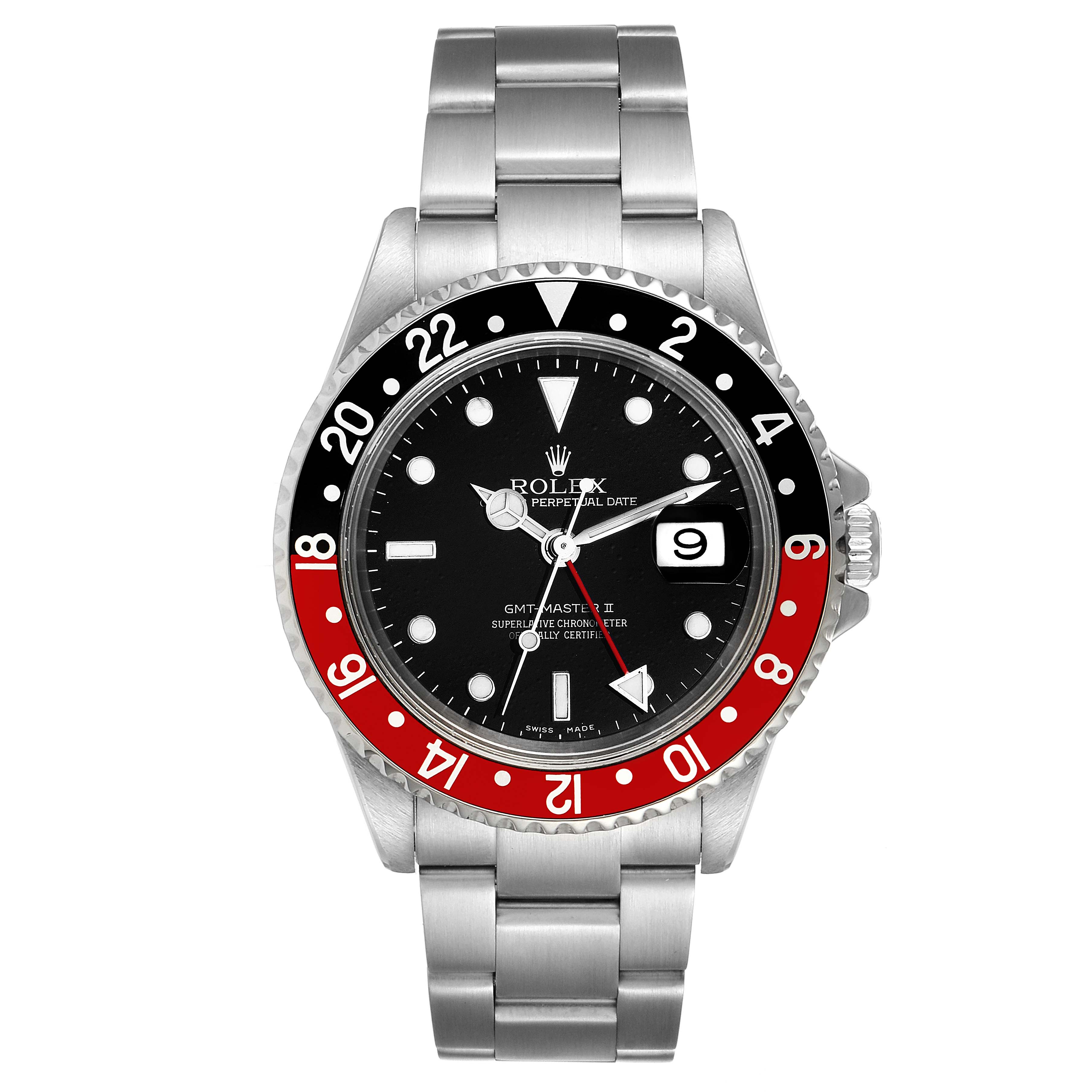 The image shows a Rolex GMT-Master 16710 Men's Stainless Steel Black Dial 16710 Men's Stainless Steel Black Dial II watch from a front angle, displaying the dial, bezel, case, and bracelet.