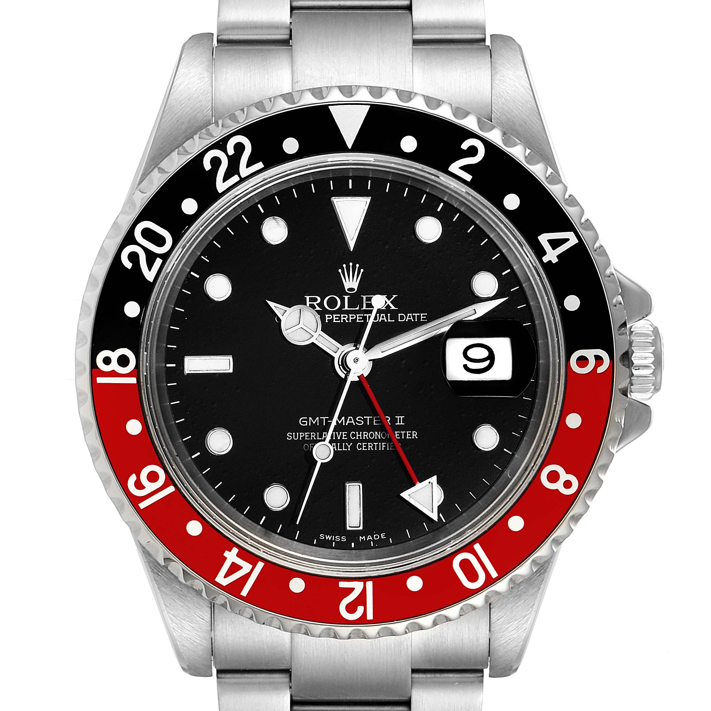 The image shows a front view of a Rolex GMT-Master 16710 Men's Stainless Steel Black Dial 16710 Men's Stainless Steel Black Dial II watch, highlighting the bezel, dial, hands, and bracelet.