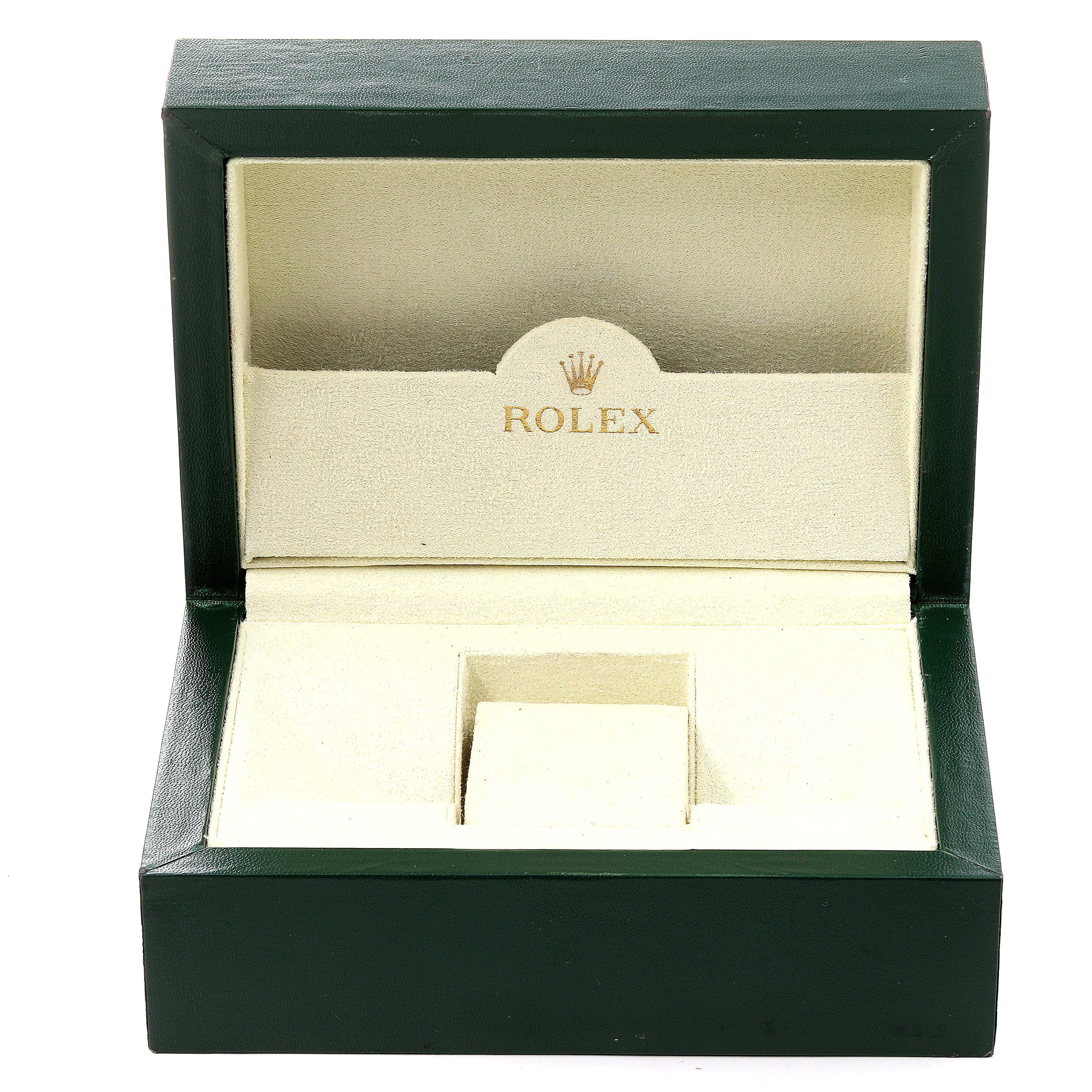 This image shows an open Rolex GMT-Master 16710 Men's Stainless Steel Black Dial 16710 Men's Stainless Steel Black Dial watch box from a front angle, displaying the interior compartments.