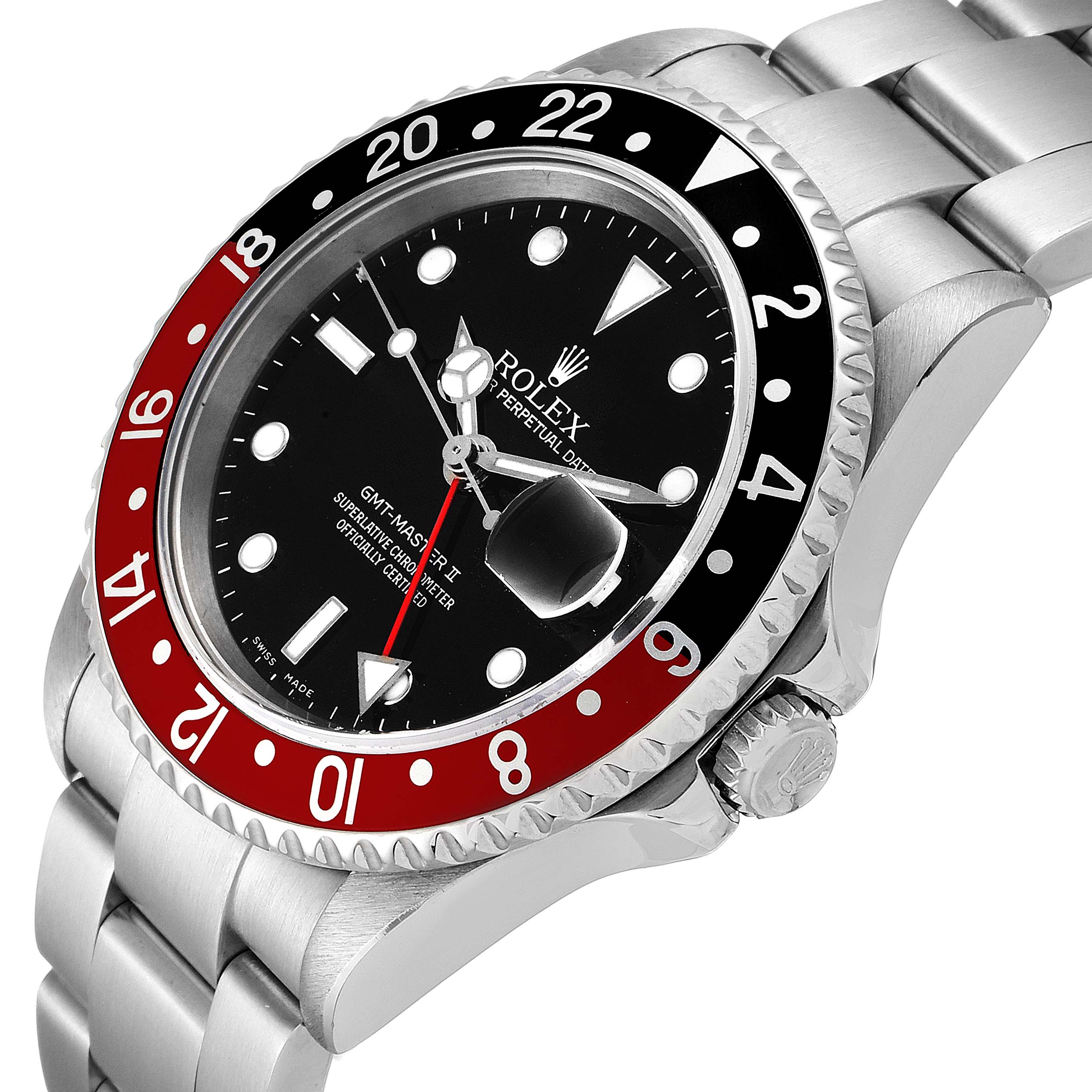This image shows a close-up angled view of a Rolex GMT-Master 16710 Men's Stainless Steel Black Dial 16710 Men's Stainless Steel Black Dial II watch, displaying the dial, bezel, and part of the bracelet.