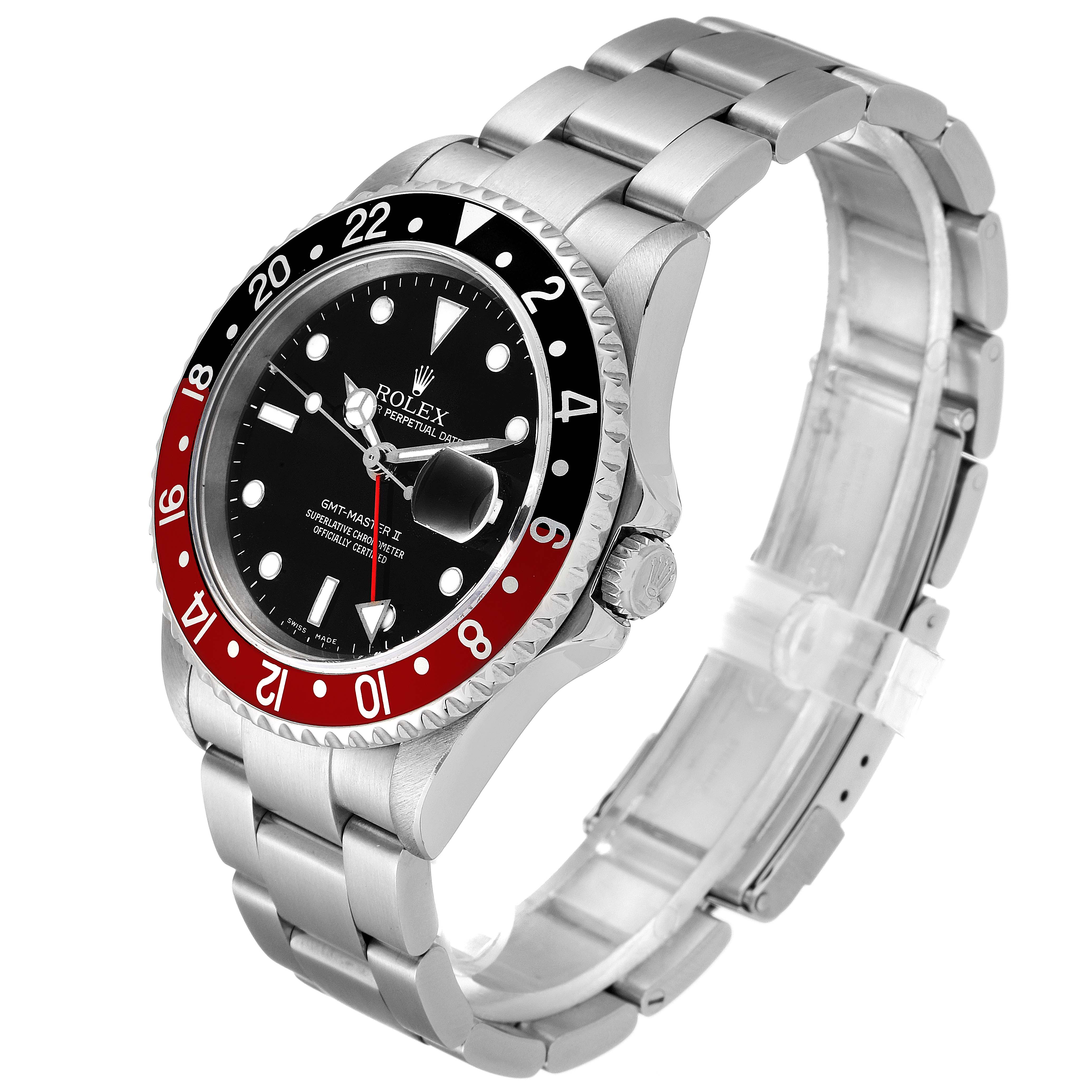 The image shows a side angle of a Rolex GMT-Master 16710 Men's Stainless Steel Black Dial 16710 Men's Stainless Steel Black Dial with its bezel, dial, and bracelet clearly visible.
