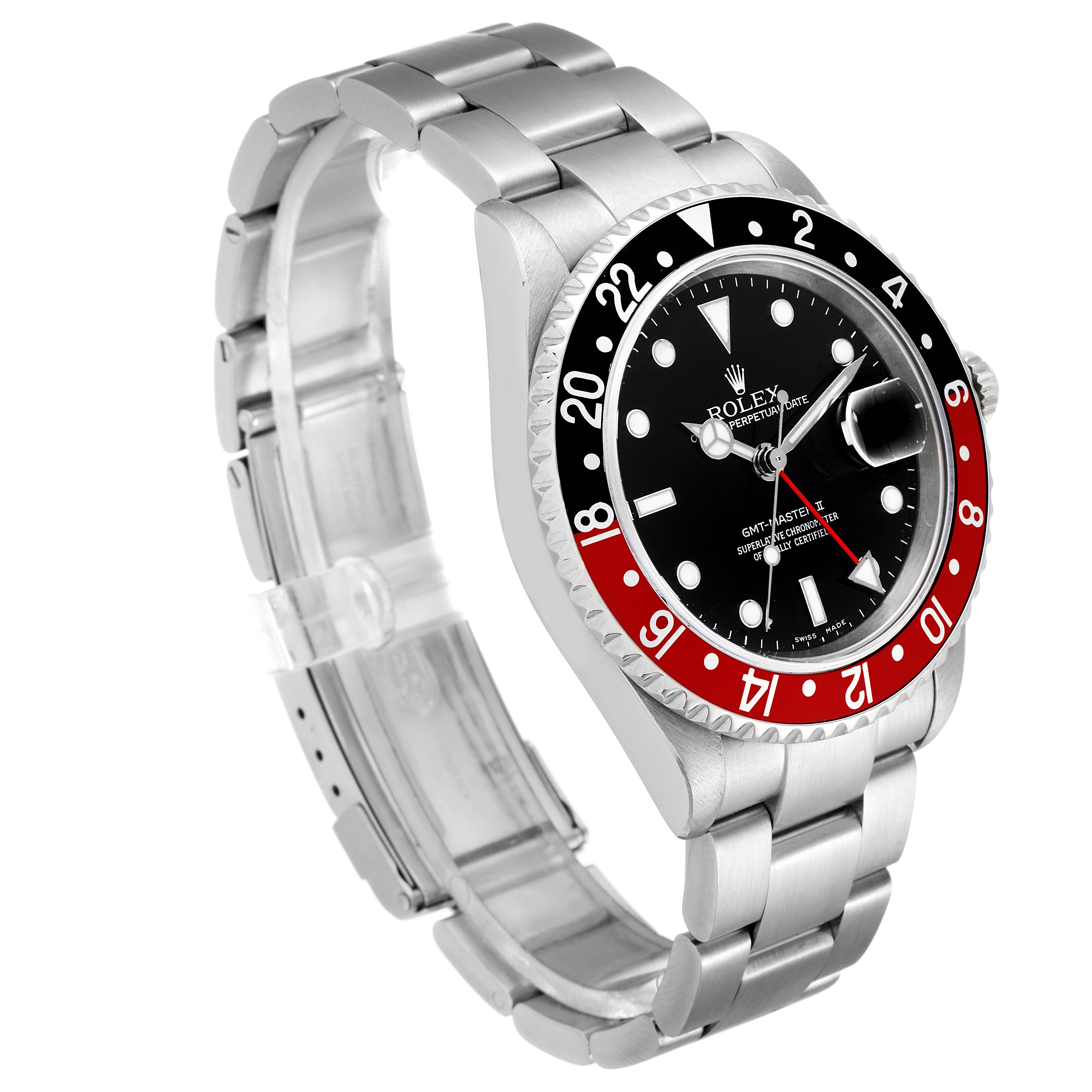 The image shows a side angle of a Rolex GMT-Master 16710 Men's Stainless Steel Black Dial 16710 Men's Stainless Steel Black Dial watch, highlighting its bezel, dial, and bracelet.