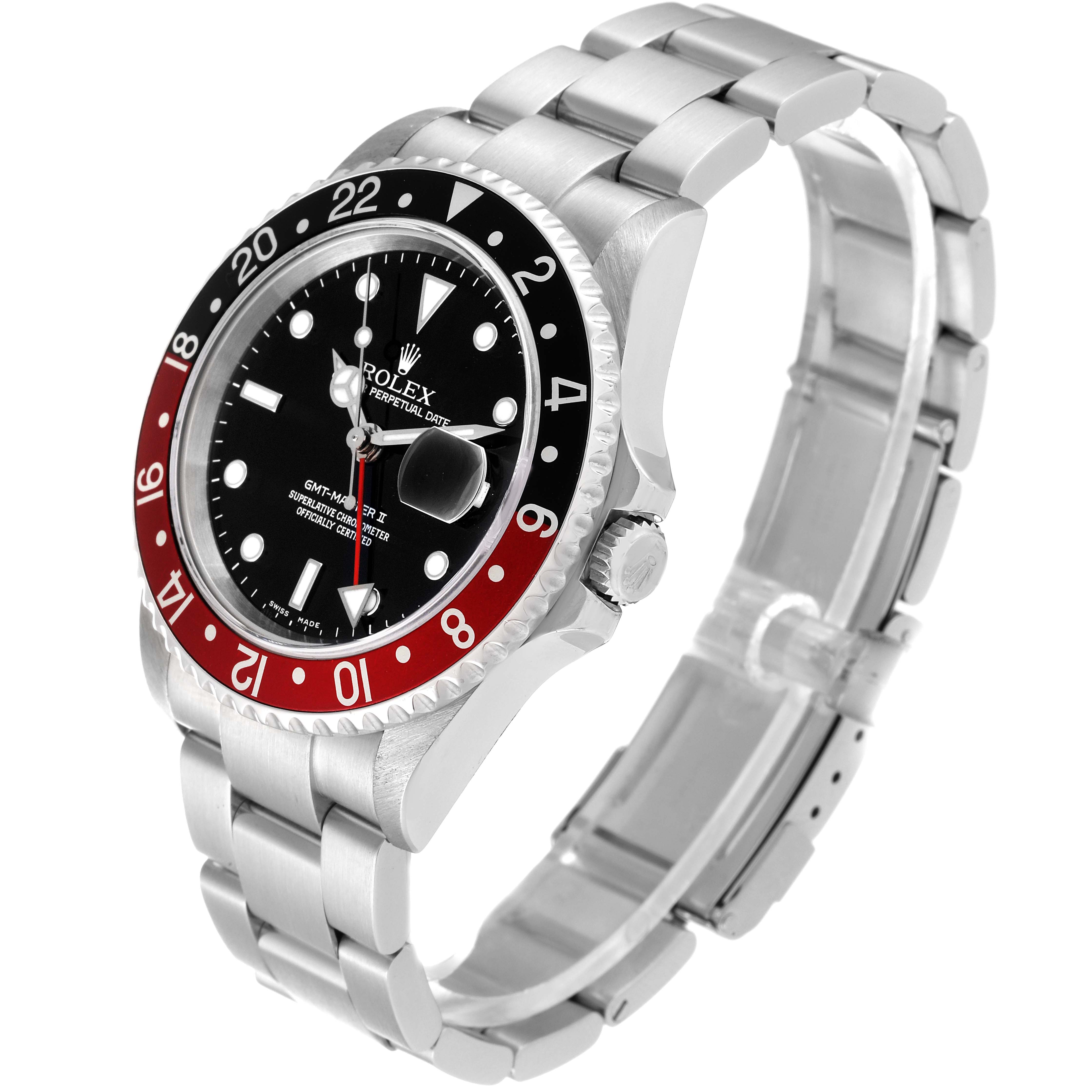 The image shows a side and front angle of the Rolex GMT-Master 16710 Men
s Stainless Steel Black Dial 16710 Men
s Stainless Steel Black Dial watch featuring the bezel, dial, bracelet, and crown.