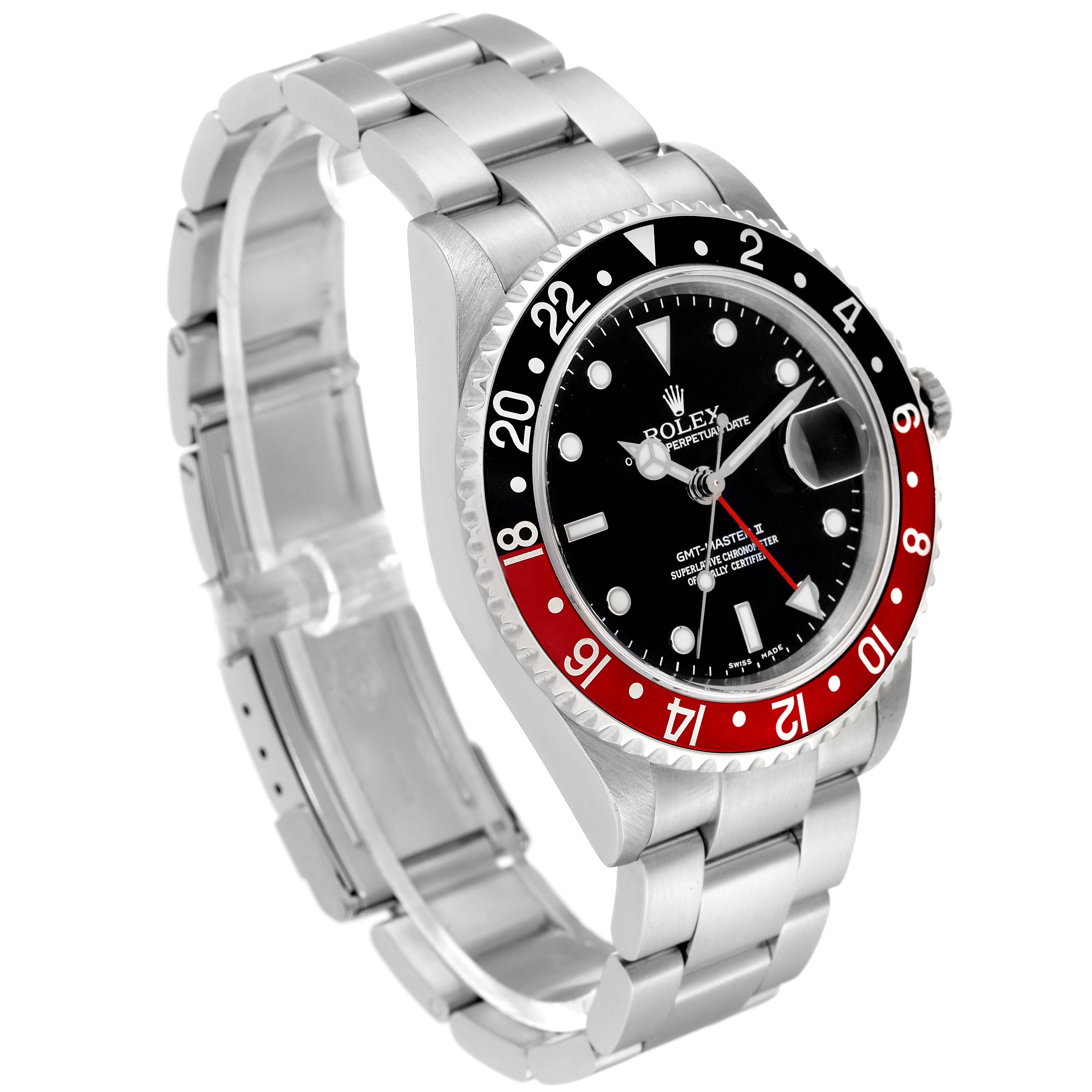 The Rolex GMT-Master 16710 Men
s Stainless Steel Black Dial 16710 Men
s Stainless Steel Black Dial watch is shown at an angle highlighting its face, bezel, and metal bracelet.