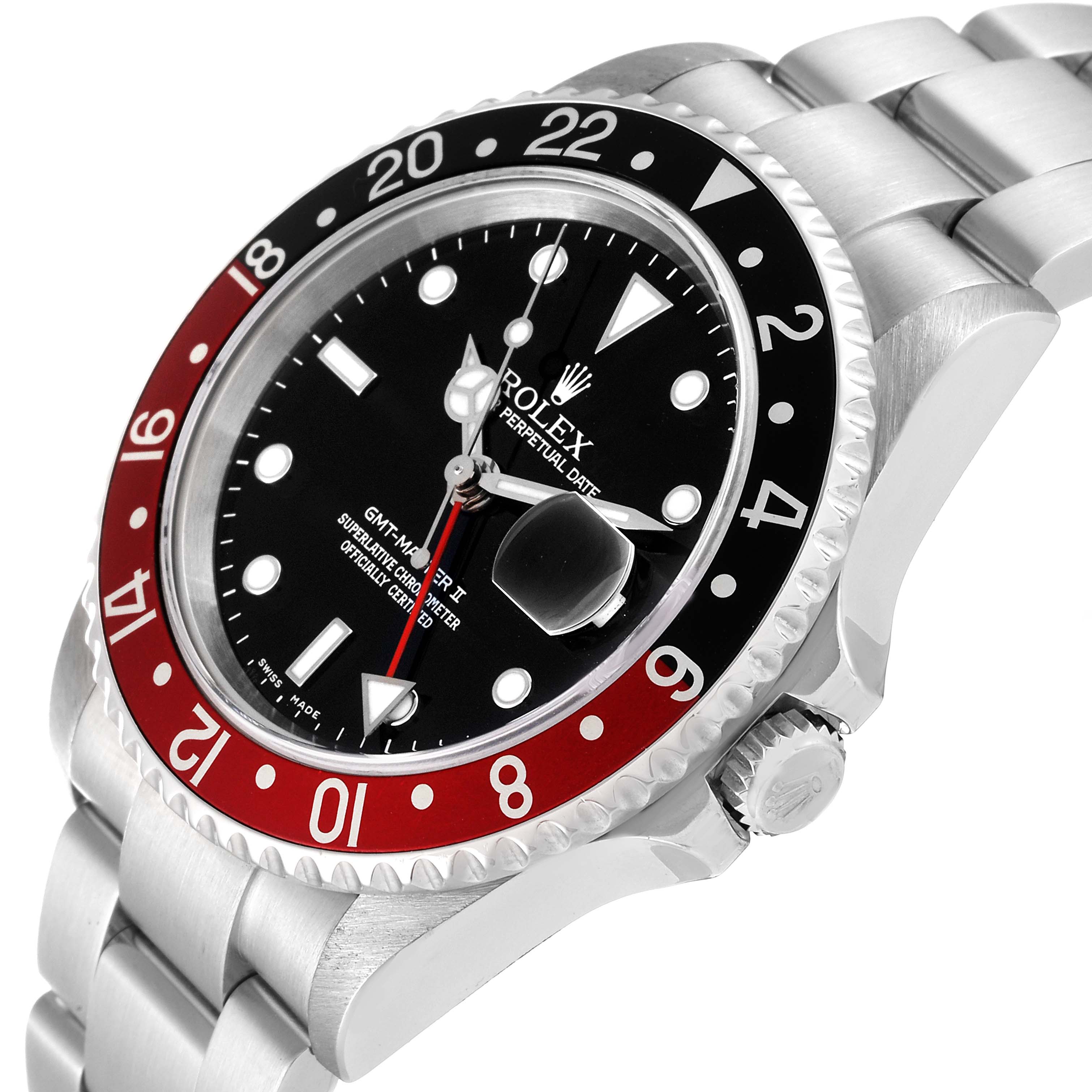 The image shows a Rolex GMT-Master 16710 Men
s Stainless Steel Black Dial 16710 Men
s Stainless Steel Black Dial II watch at a three-quarter angle, highlighting its bezel, dial, and bracelet.