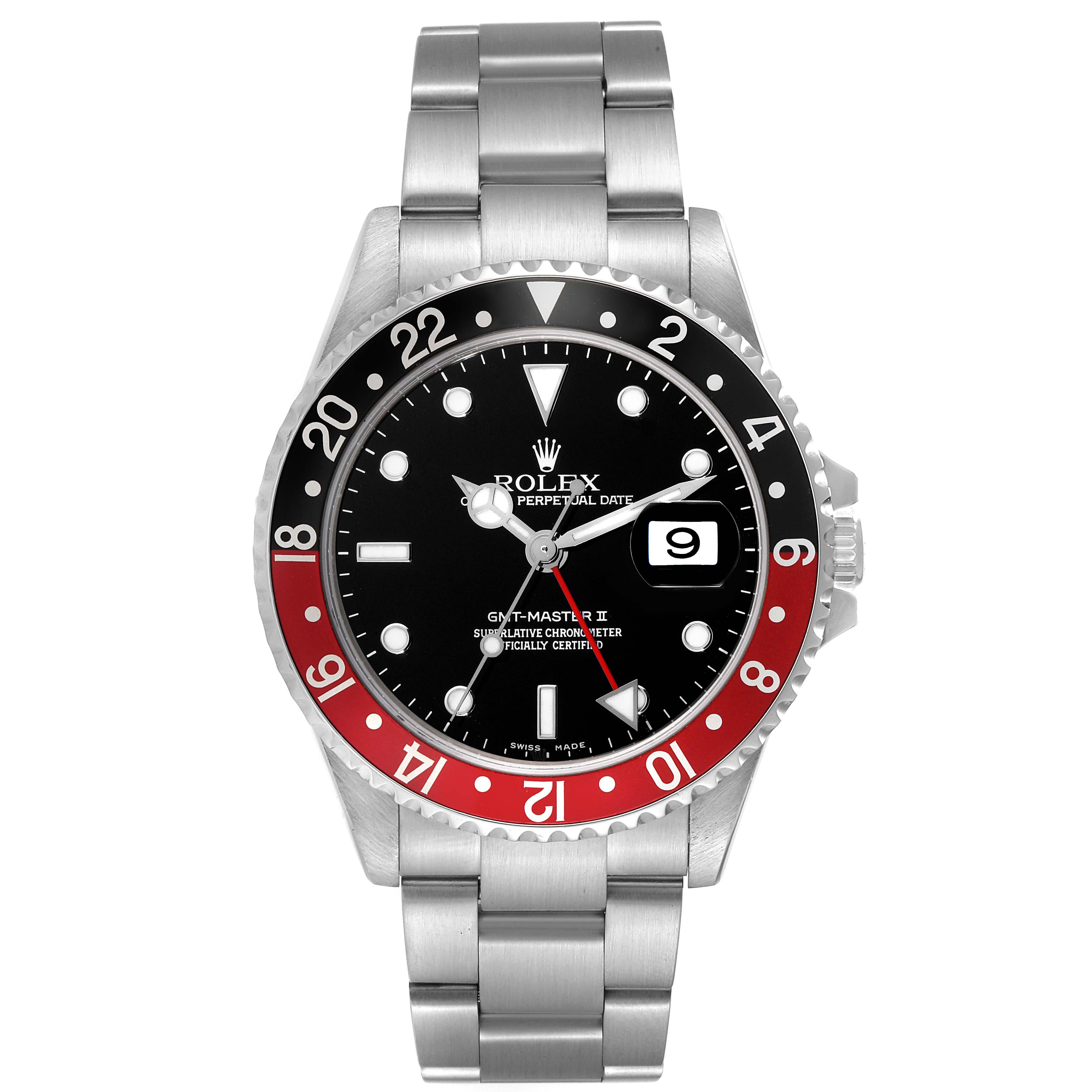 This image shows a front view of a Rolex GMT-Master 16710 Men
s Stainless Steel Black Dial 16710 Men
s Stainless Steel Black Dial II watch, displaying its bezel, dial, date window, and bracelet.