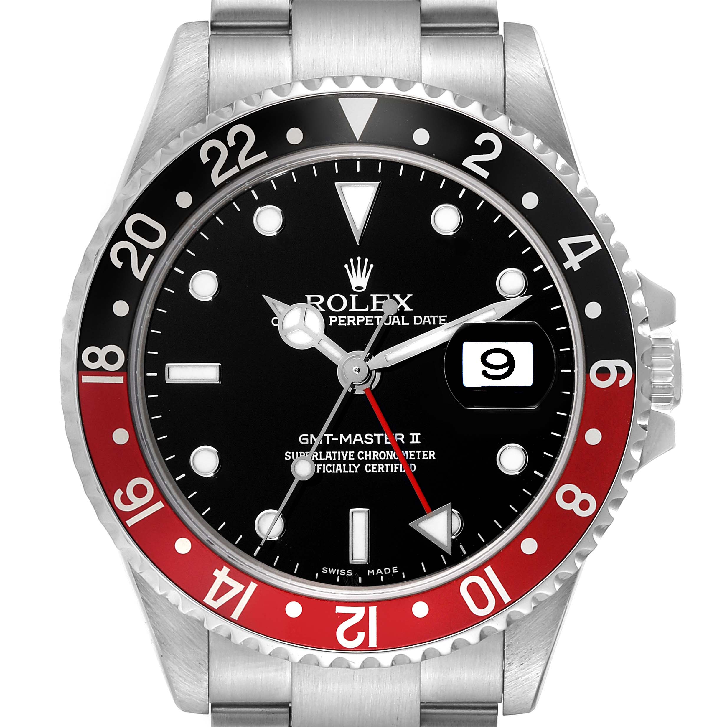 This image shows a front view of a Rolex GMT-Master 16710 Men
s Stainless Steel Black Dial 16710 Men
s Stainless Steel Black Dial II watch with a black and red bezel and a black dial.