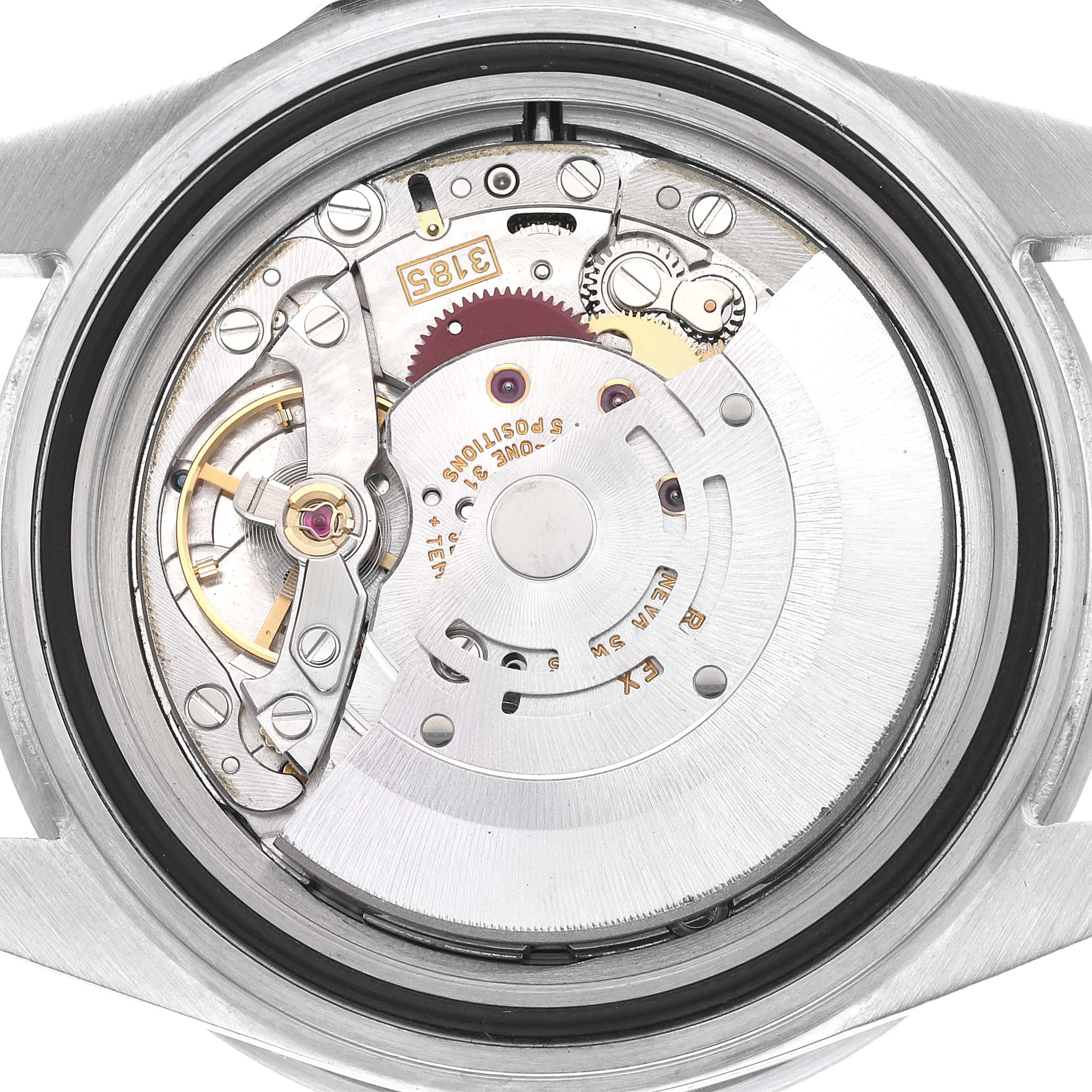 The image shows a close-up view of the movement mechanism inside a Rolex GMT-Master 16710 Men
s Stainless Steel Black Dial 16710 Men
s Stainless Steel Black Dial watch.